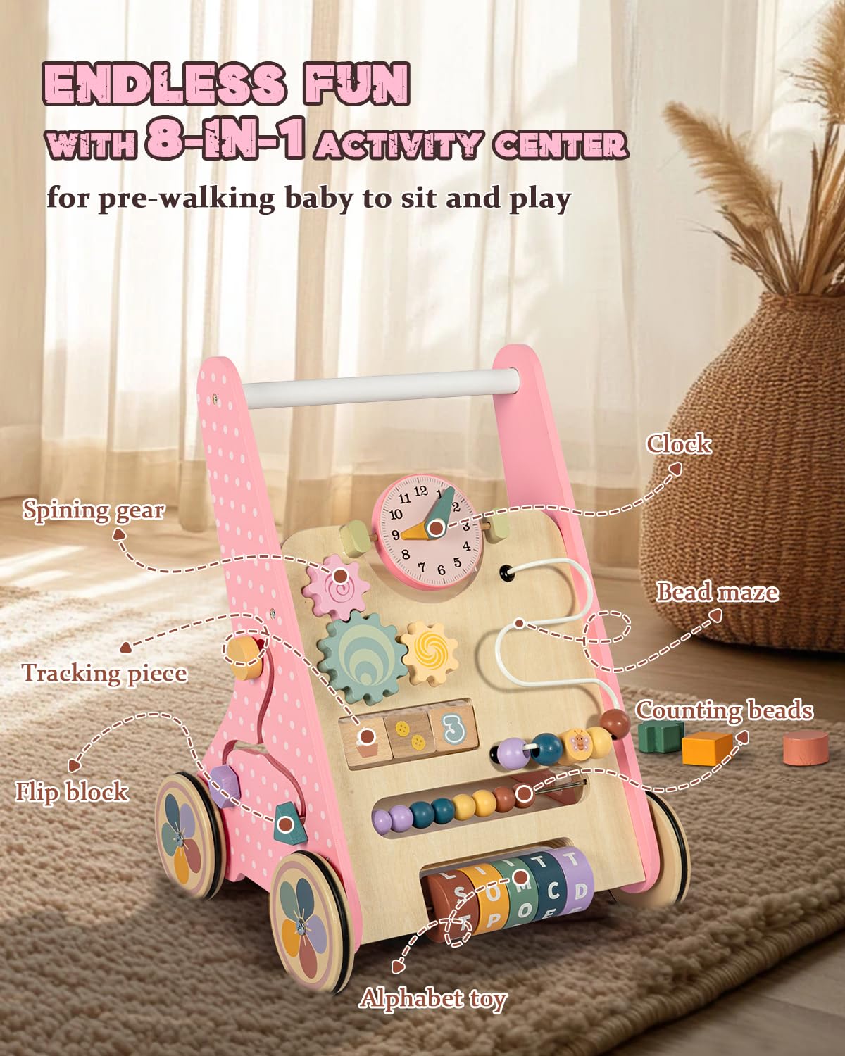 Wooden Baby Walker with Wheels, Baby Push Walkers for Girls 6-12 Months, Push Toys 1 Year Old Girl Small Size