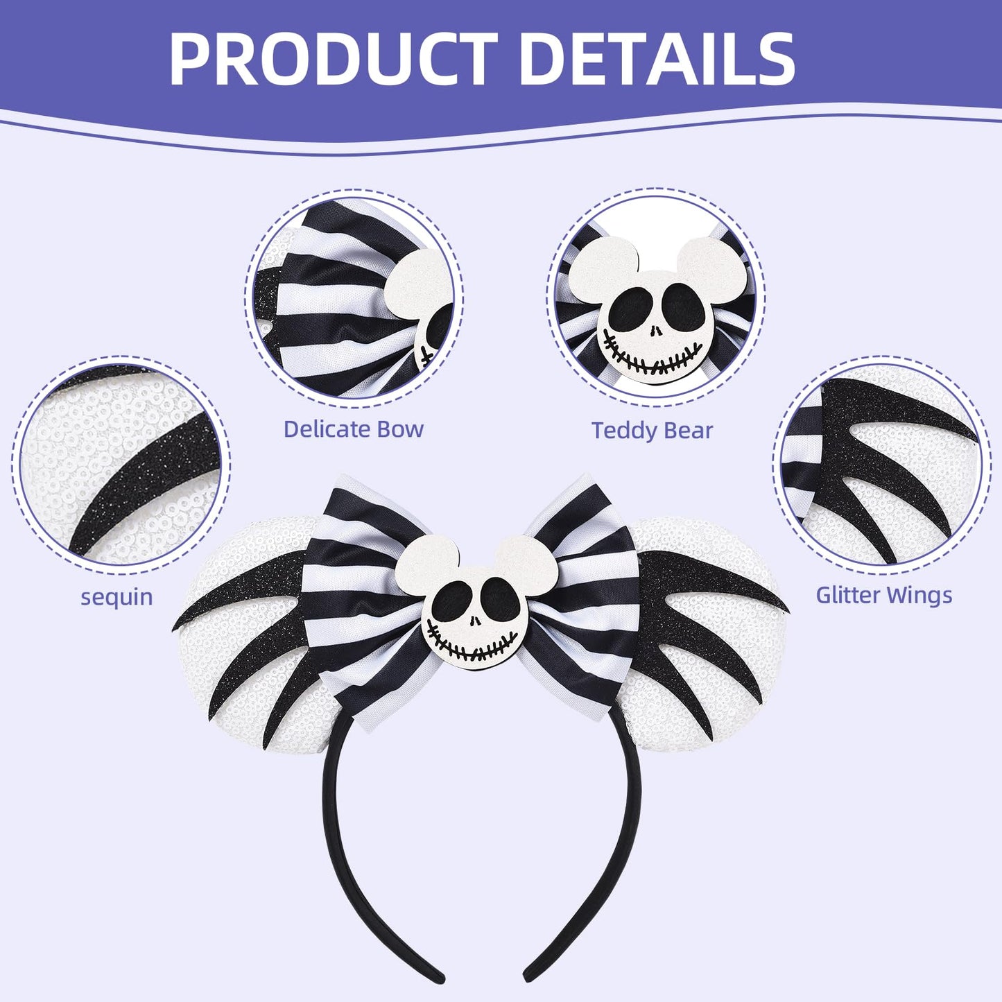 Seamoy Sequin Minnie Ears Headband,Nightmare Before Christmas Inspire Mouse Ears Headband, Ghost Evil Jack Mickey Ears, Sparkle