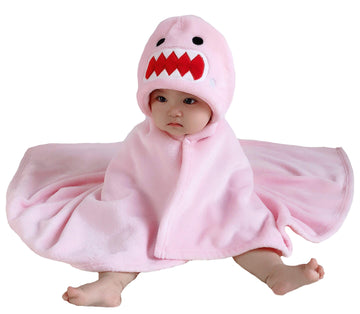 Tonwhar 0-4 Years Toddlers' And Kids' Boys Girls Animal Face Hooded Blanket Baby'S Bathrobe,Plush After Bath Blanket(Pink Shark)