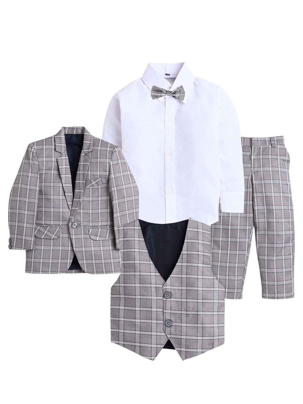 Jeetethnics Boys Grey Checked Coat Suit Set With Waistcoat Shirt And Trousers (9097H)