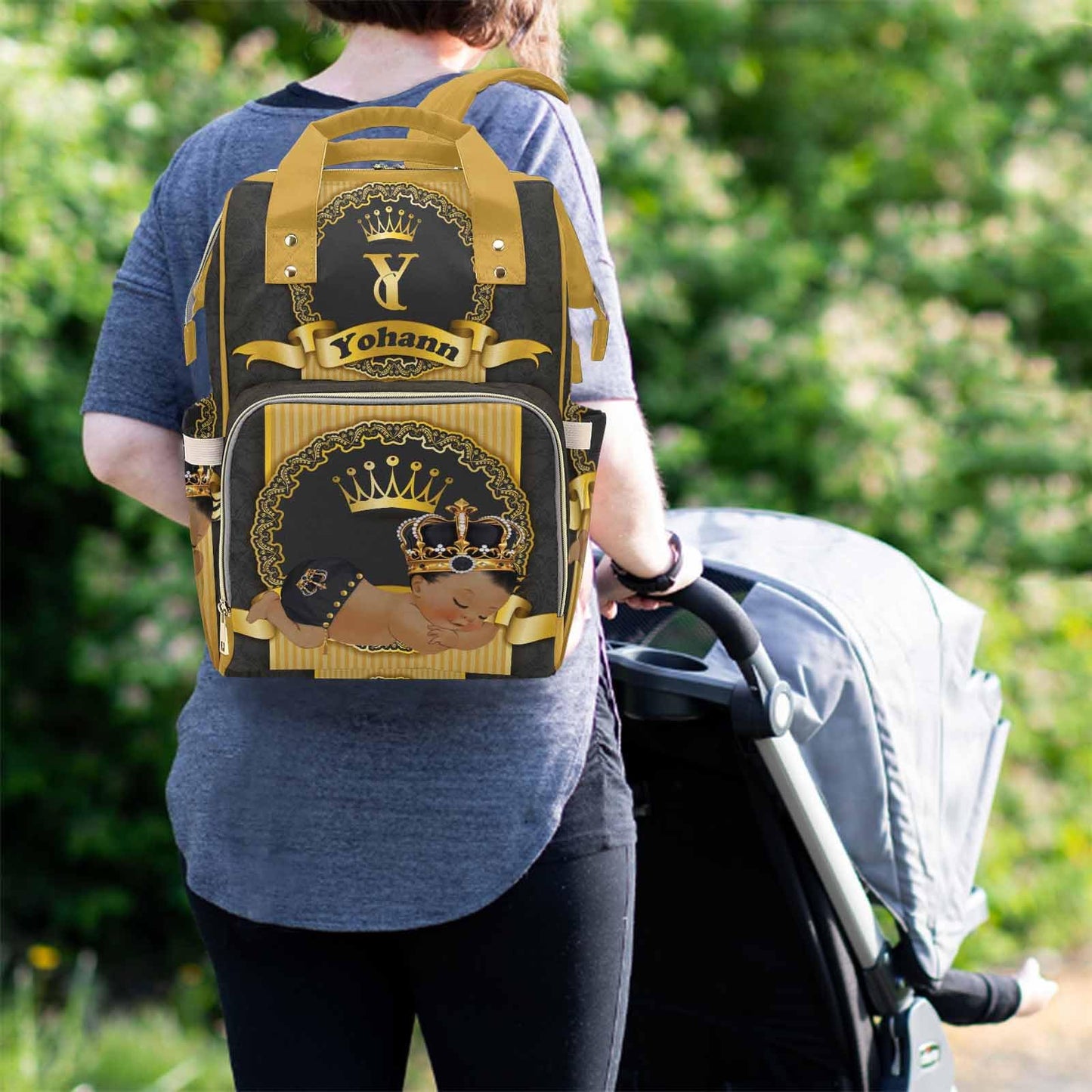 M Yescustom Personalized Baby Diaper Bags For Women Men, Custom Golden Black Prince Backpack Customized Nappy Mommy Bag Backpack
