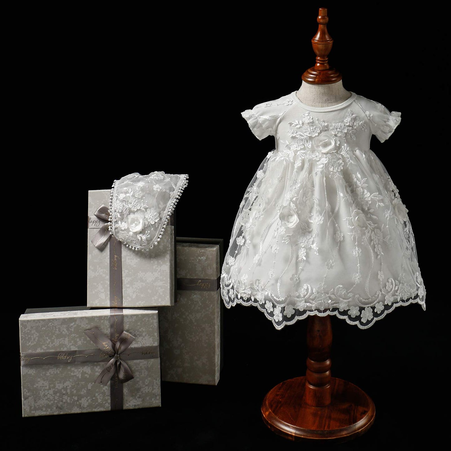 Baby Girls Lace Dress Christening Baptism Gowns Outfit With Bonnet For Party Wedding Off-White