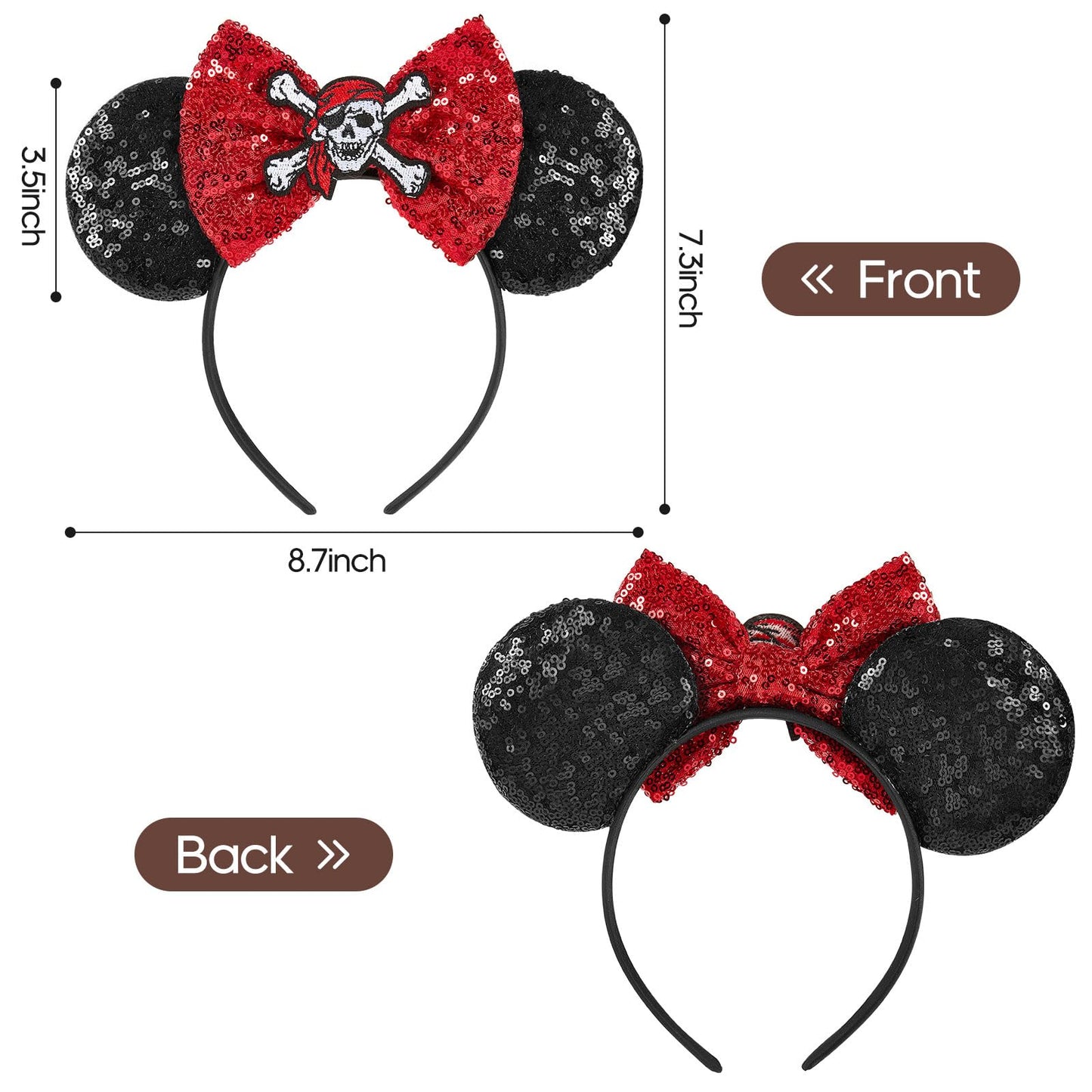 Lylin Pirate Ears, Pirate Mouse Ears Headband With Sequin Bow For Kids Women, Sparkle Mouse Ears Hair Accessories For Birthday P