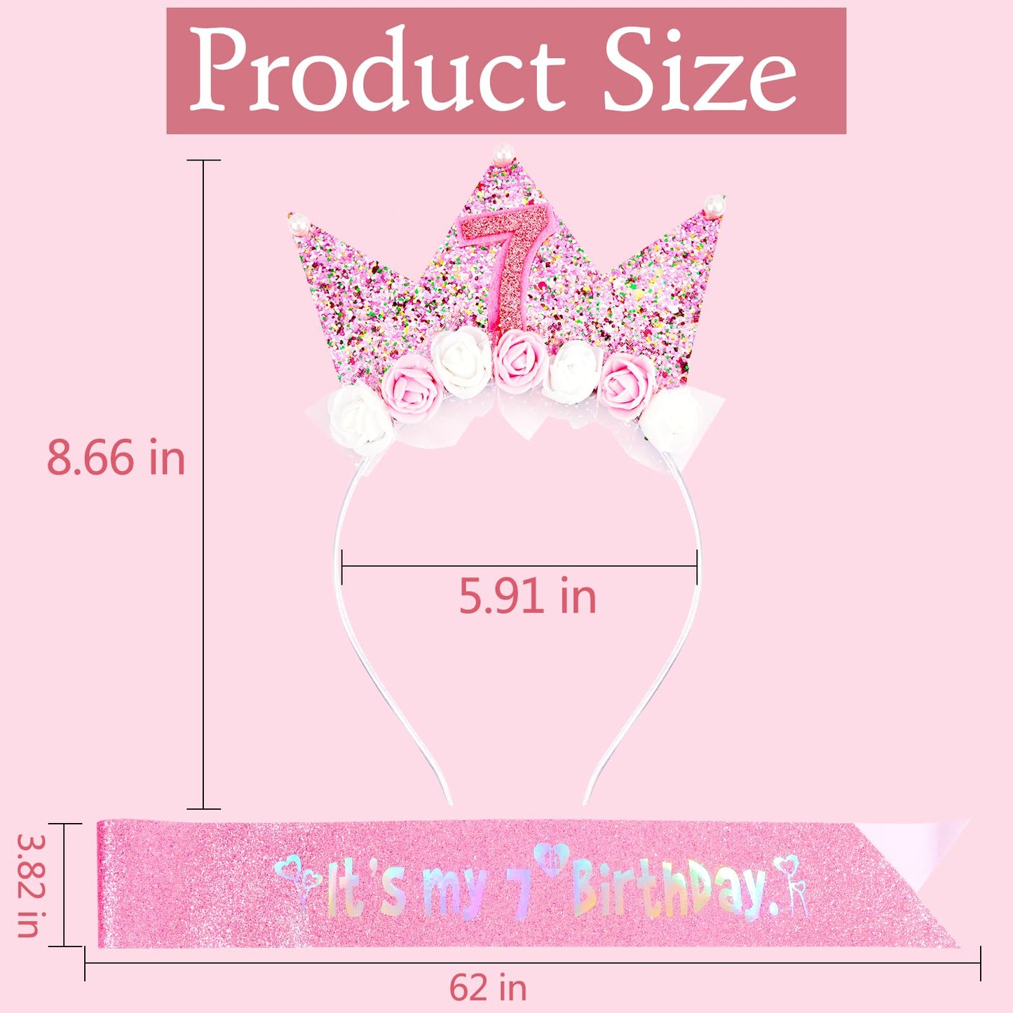 Vovii 7Th Birthday Decorations For Girls, Birthday Girl Headband & Glitter Sash Set For 7 Year Old Girl Birthday Decorations, Bi