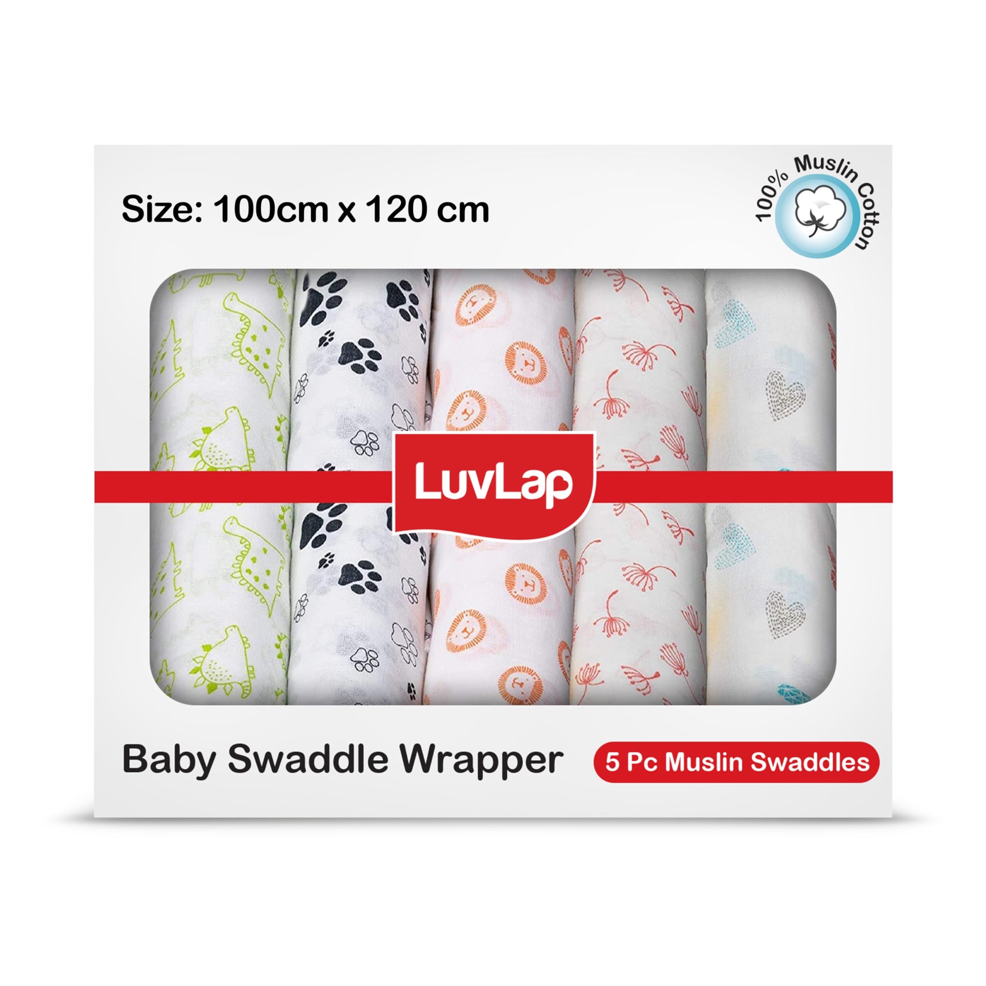 Luvlap 100% Cotton Muslin Baby Swaddle Set, Baby Towel, Size120Cm X 100Cm (47X39), Animals & Floral Printed On White, 018 Mo