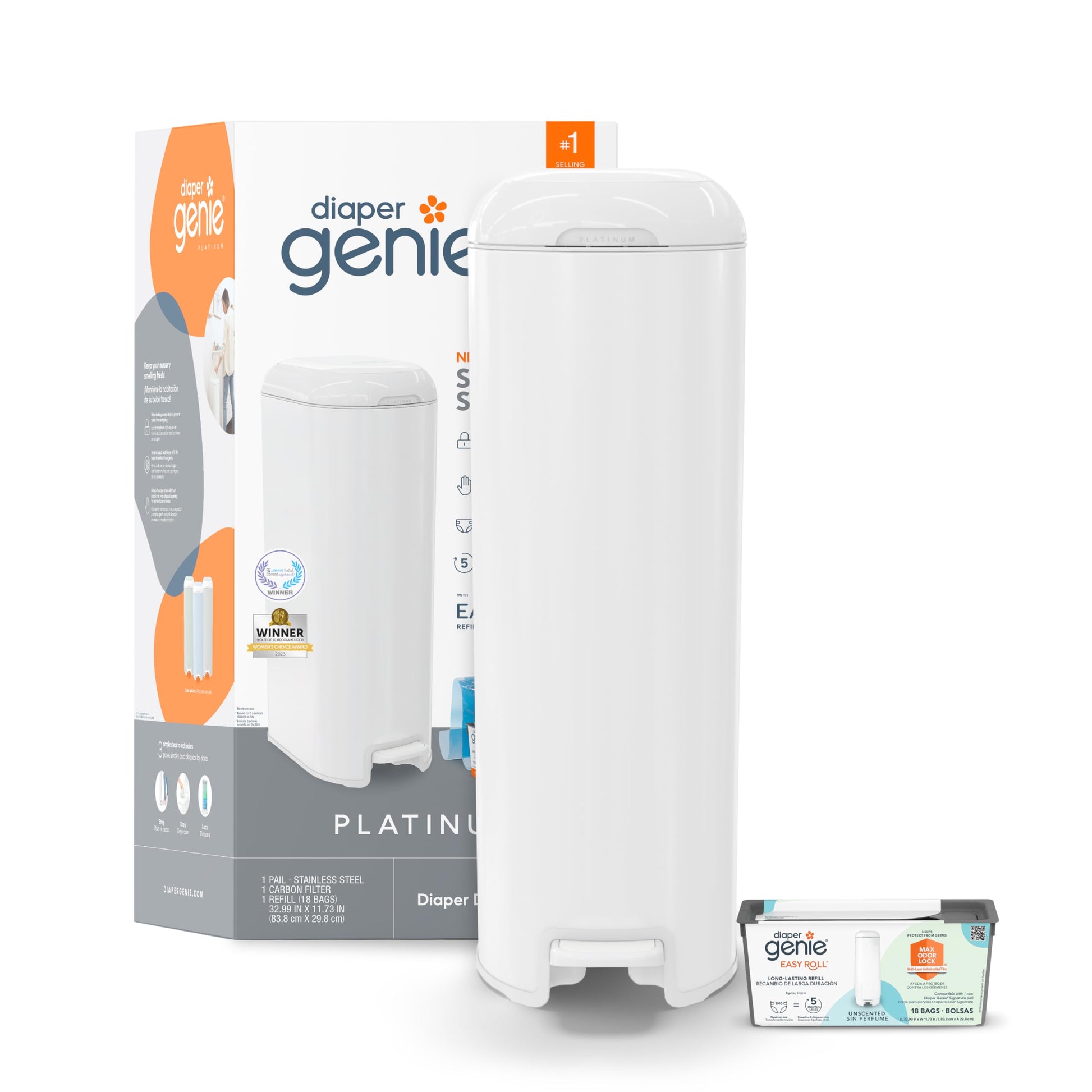 Diaper Genie Platinum Pail (Lilly White) Is Made Of Durable Stainless Steel And Includes 1 Easy Roll Refill With 18 Bags That Ca