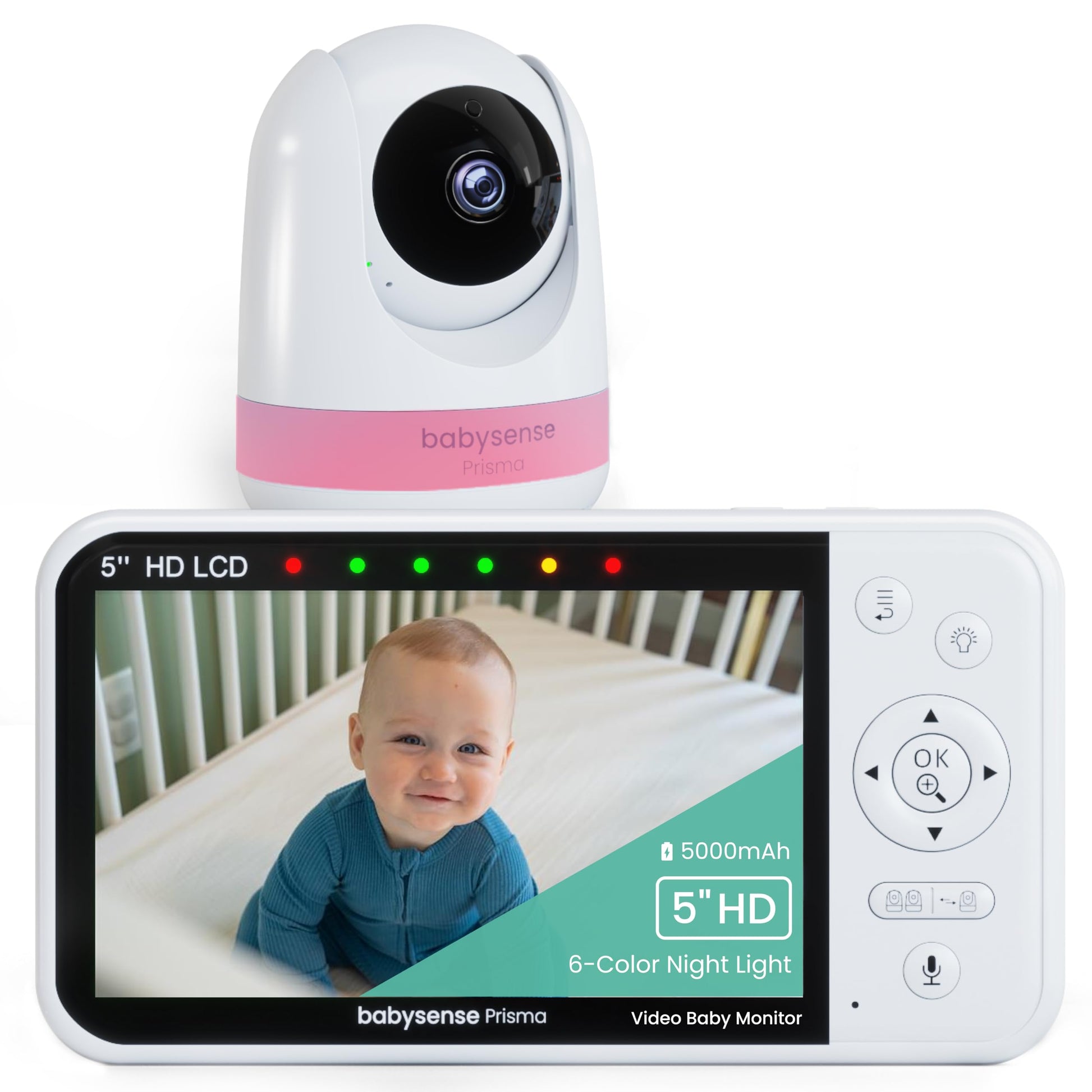 Babysense Prisma Baby Monitor With Camera And Audio, 5    Hd Video Baby Monitor, 6-Color Night Light, Split Screen, Baby Sound M