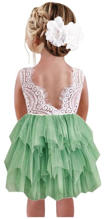 2Bunnies Girl Peony Lace Back A-Line Tiered Tutu Tulle Flower Girl Dress (Sage Sleeveless Short, 4T)