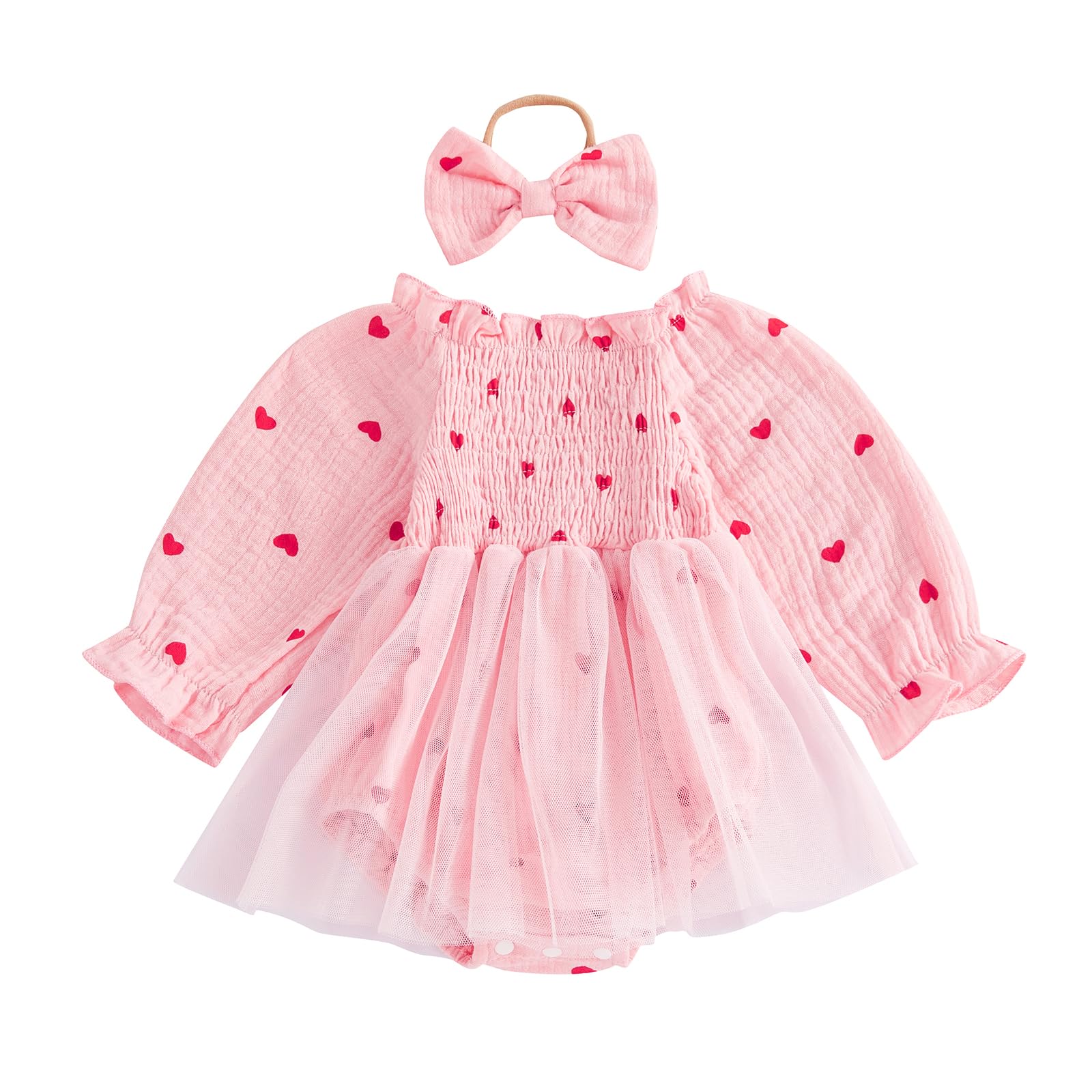 Baby Girl Valentines Day Dress Heart Puff Sleeve Cotton Linen Tulle Romper Dresses Newborn Valentines Outfit (Pink, 6-12 Months)