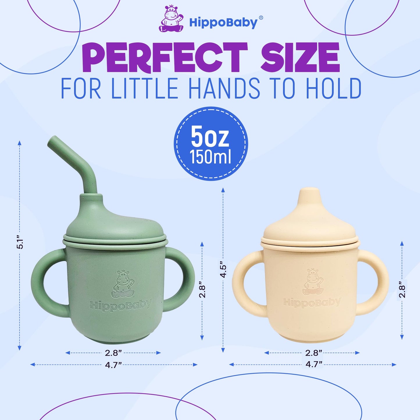 Hippobaby Silicone Transition Sippy Cup For 6+ Month Old | Includes 1 Toddler Straw Cup & 1 Baby Sippy Cup With Handles 5 Oz| Ba