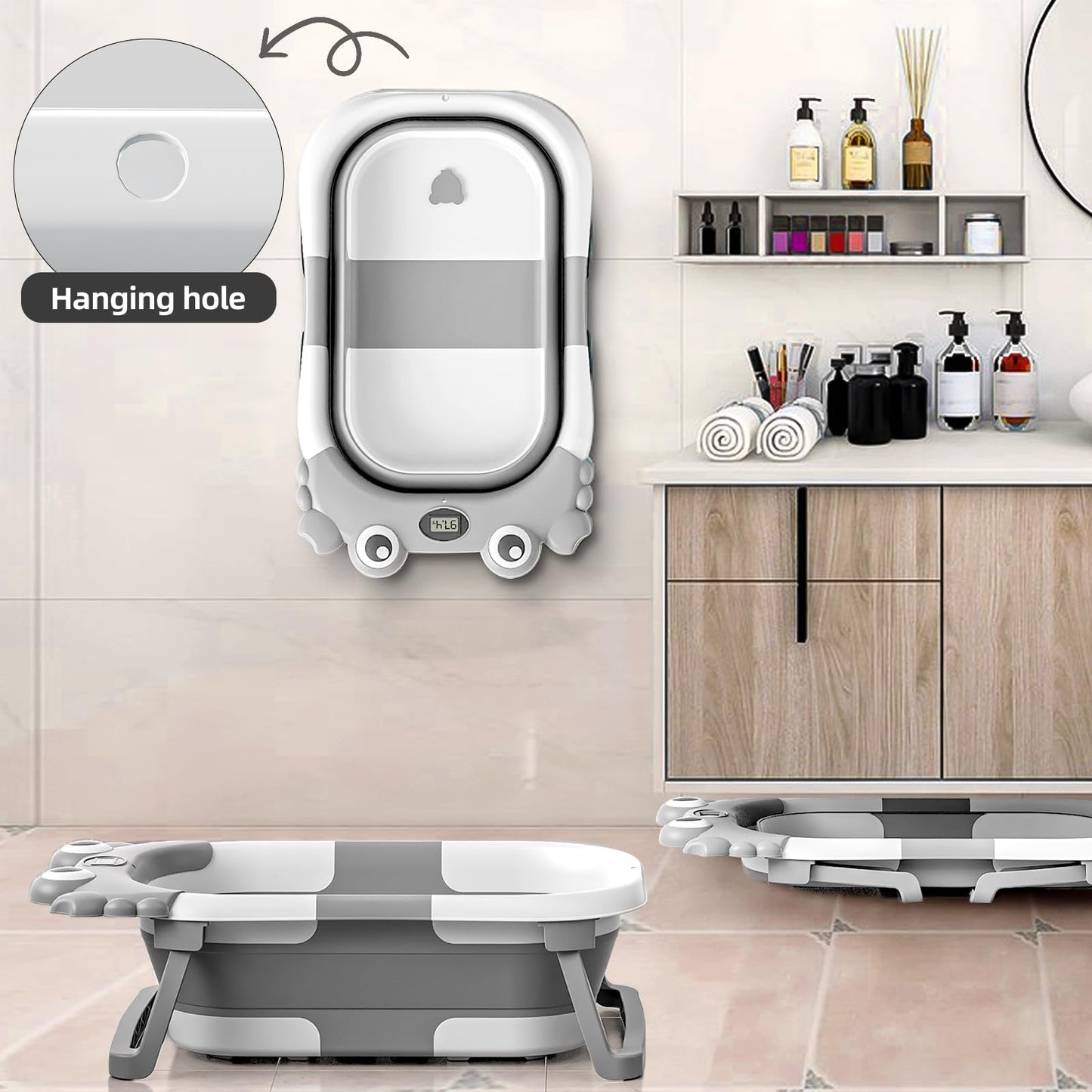 Collapsible Baby Bathtub For Newborns To Toddler With Real-Time Temp Monitor & Floating Cushion,Portable Travel Tub For 0-36 Mon