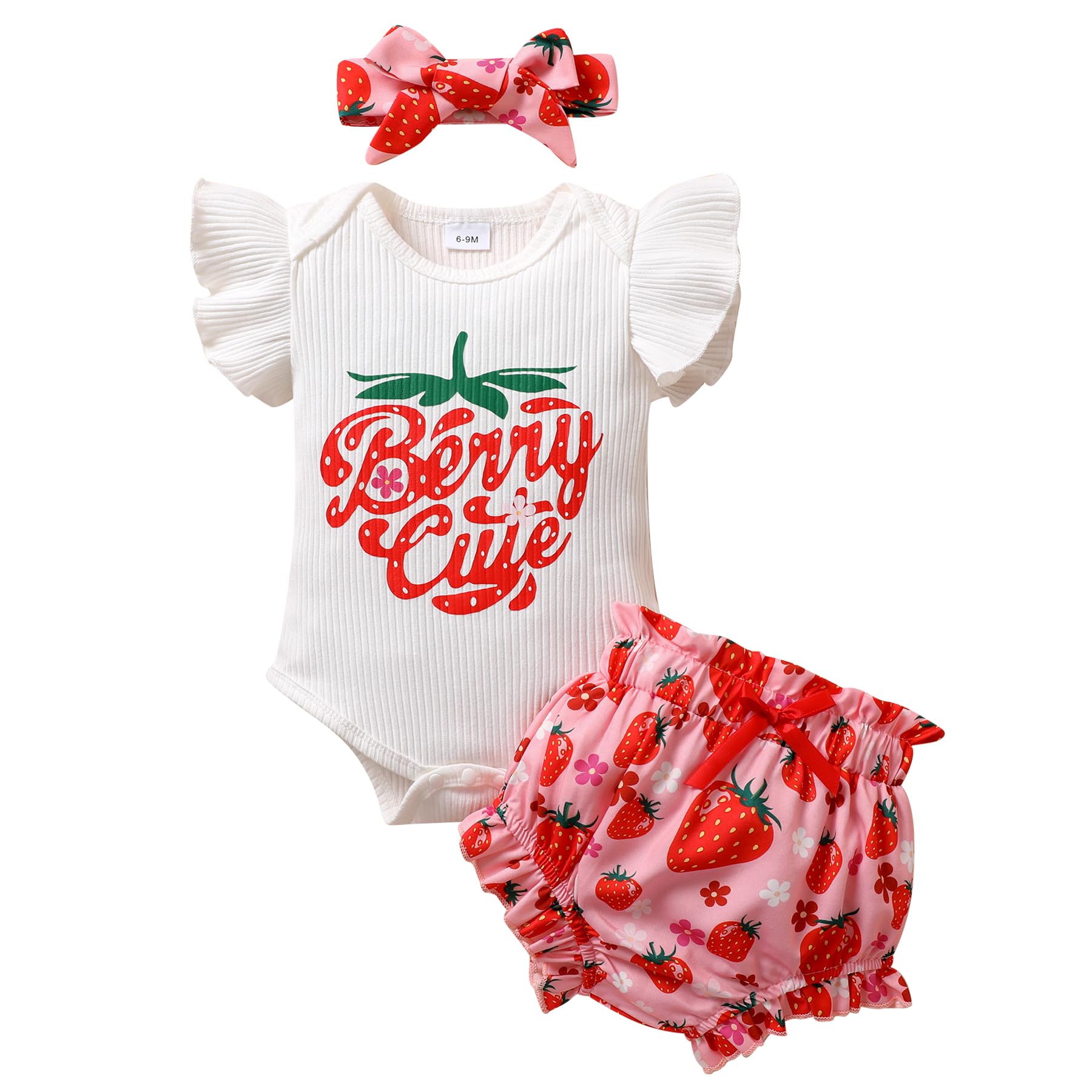 Tiny Cutey Baby Girl Clothes Infant Summer Outfits Set Ruffle Sleeve Romper And Floral Shorts With Headband (Strawberry Romper S