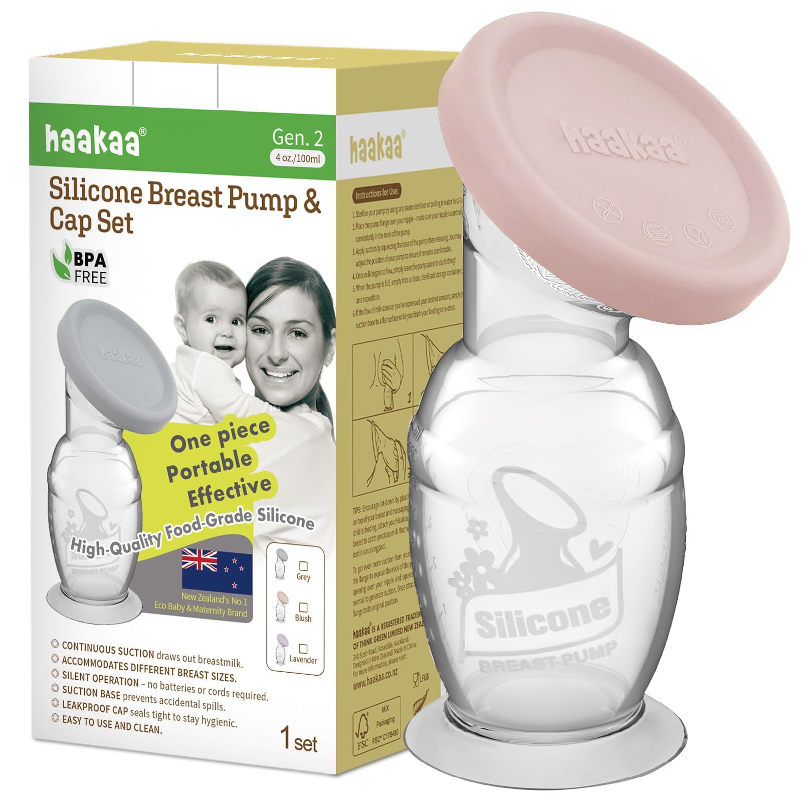 Haakaa Manual Breast Pump With Base 4 Fl Oz/100Ml+Lid (Blush), Gen.2