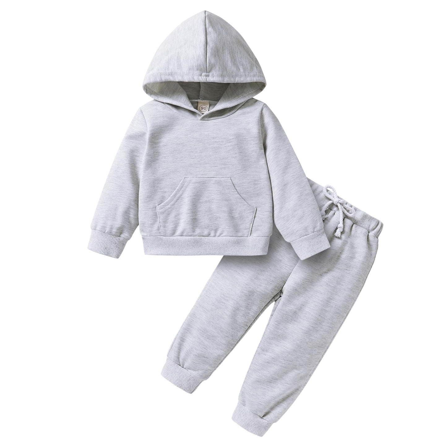 Happy Town Toddler Fall Outfits For Girl Boy Long Sleeve Hoodie Top And Long Sweatpants Set Toddler Sweatsuit (Solid Color-Grey,