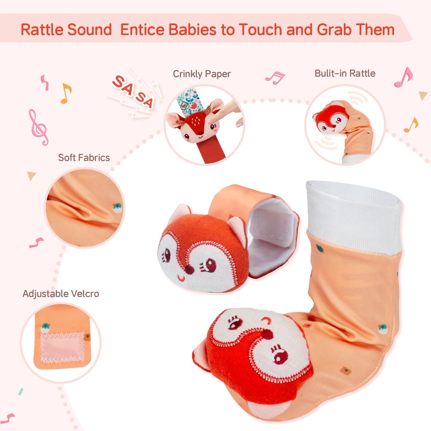 PADONISE Lovely Animal Wrist Rattles & Sock Toy for Baby Infant 0-6 6-12 Month Old Newborn Soft Toy Hand and Foot Finder Girl Bo
