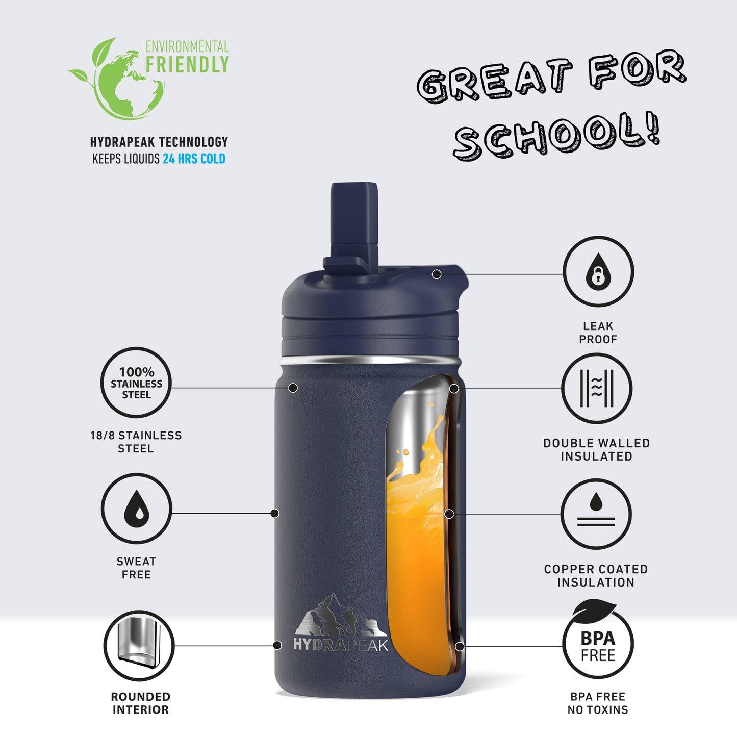 Hydrapeak Mini 14Oz Water Bottle With Straw Lid, Stainless Steel Double Wall Insulated Water Bottle | Leak-Proof And Spill-Proof