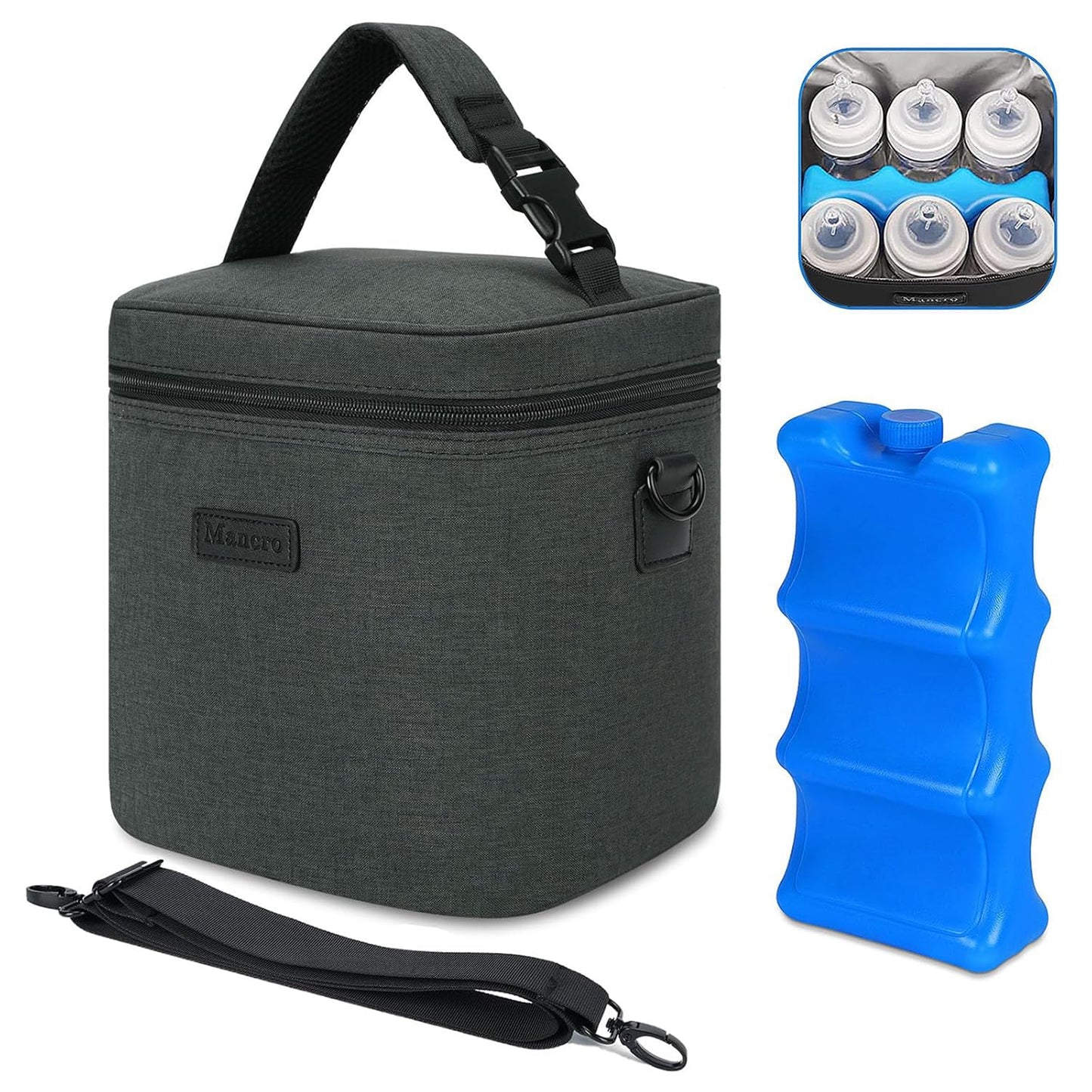 Mancro Breastmilk Cooler Bag with Ice Pack, Insulated Bottle Bag for 6 Baby Bottles (Up to 9 Ounce) with Shoulder Strap for Nurs