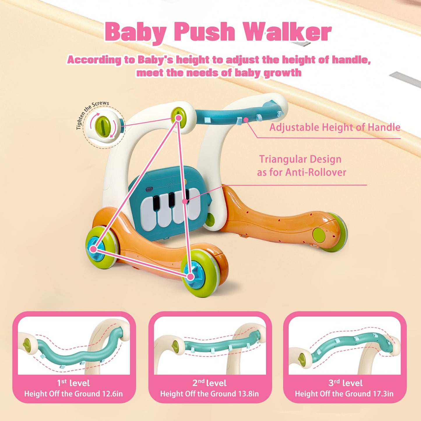 3 In 1 Baby Activity Gym Center, Tummy Time Play Mat Gym, Baby Push Walker, Kick And Play Piano With Music And Light, Sensory To