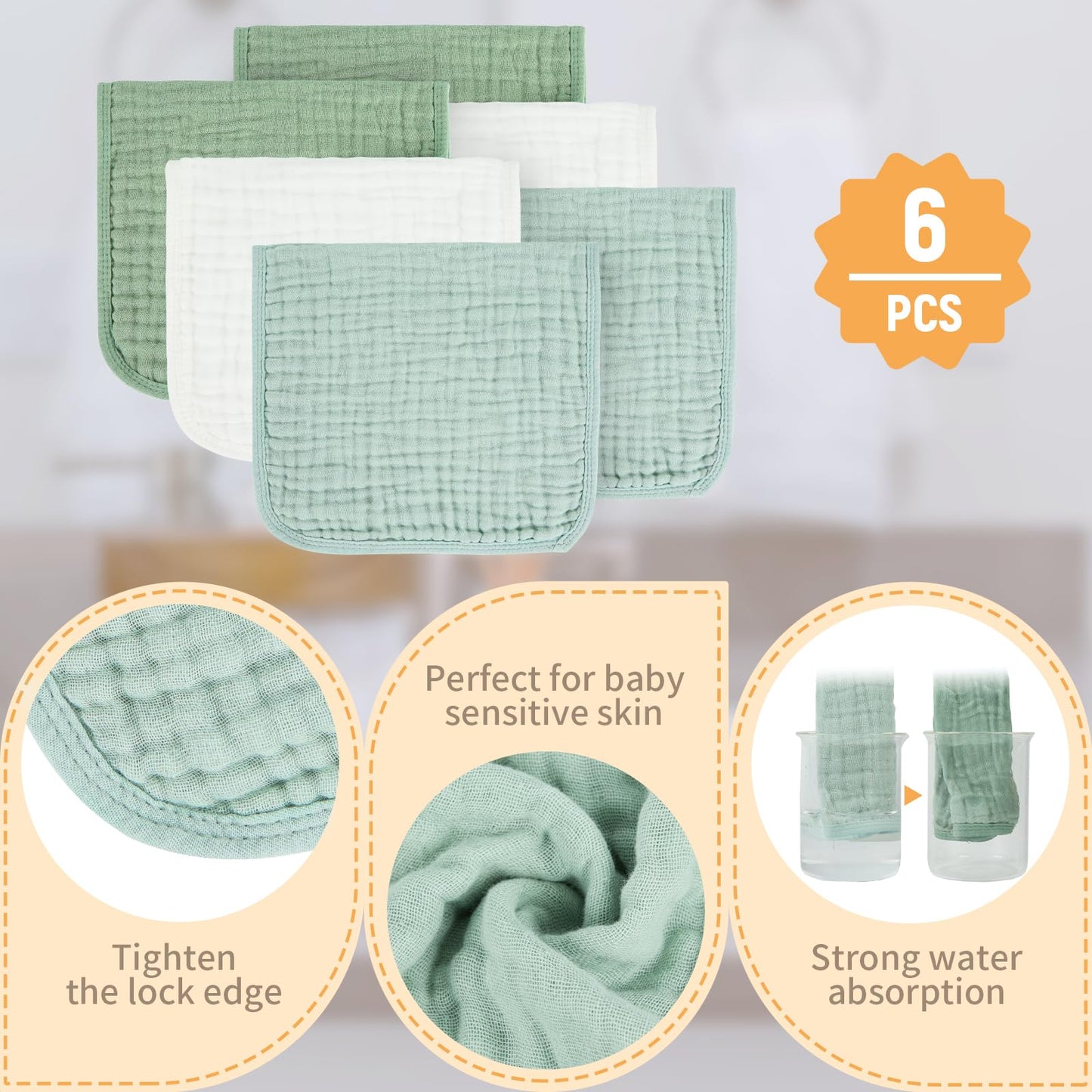 Migiol Baby Burp Cloth 100% Cotton Newborn Cotton Muslin Burp Cloth 10X20 Inches (White & Green 6 Pieces)