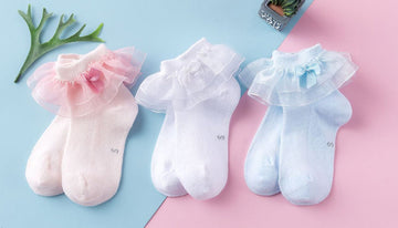 Domii Toddlers Girls Socks With Ruffles Baby Lace Ankle Socks With Bowknot Eyelet Frilly Mesh Socks 3-Pack Blue White And Pink S