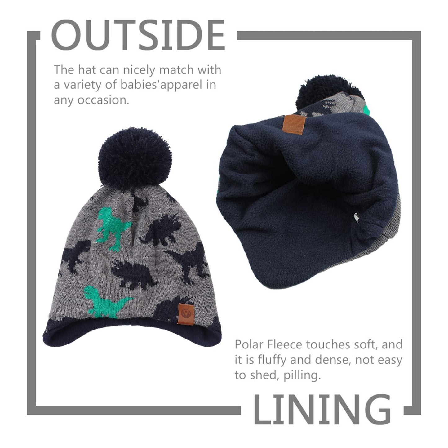 Jangannsa Knitted Baby Hat Scarf Set Winter Warm Boys Girls Beanie Fleece Lining Toddler Kids Hats With Pompom (Gray Dinosaur Ha