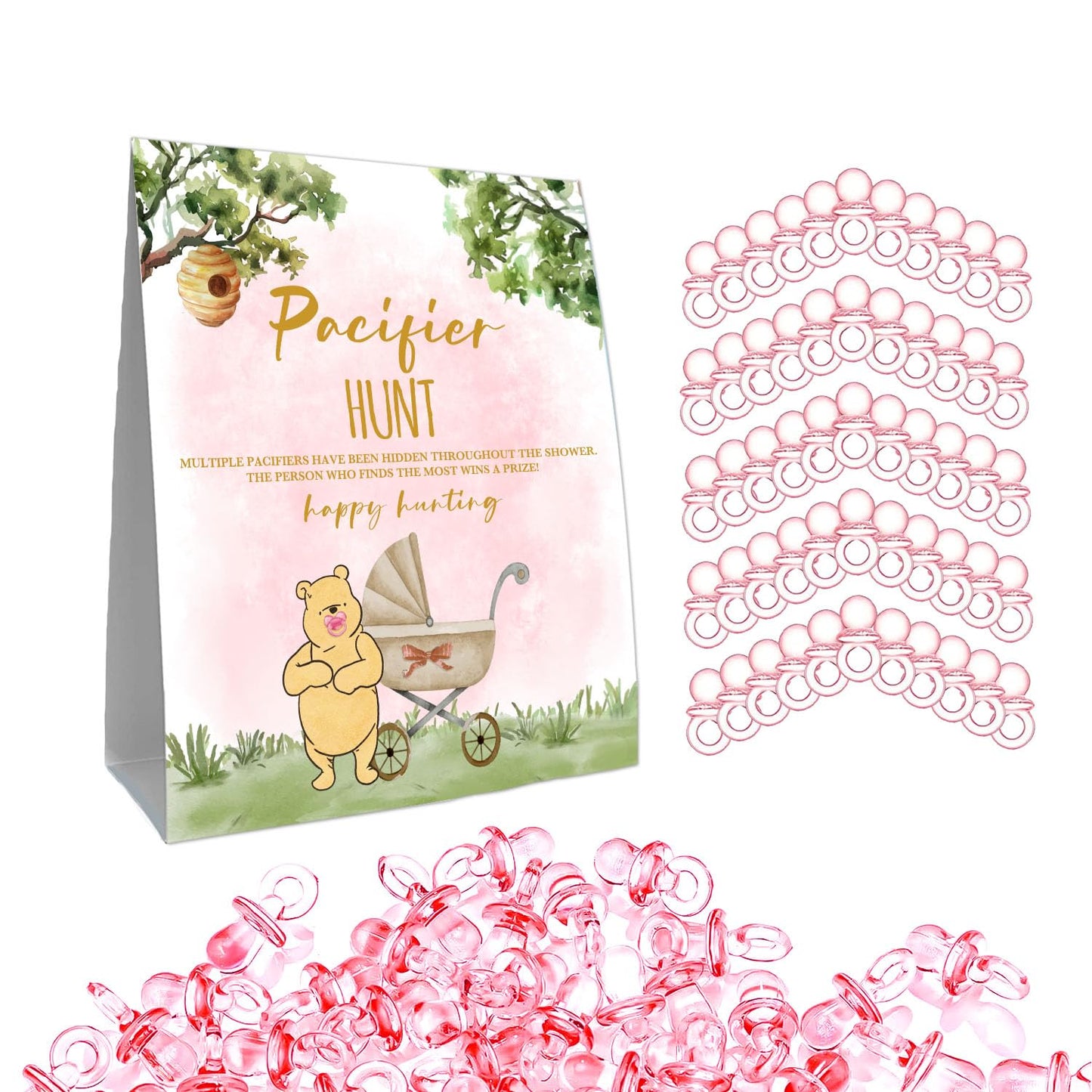 Guawubiang Winnie Pacifier Hunt Sign, Mini Pacifiers Baby Shower Game Set, 50Pcs Classic Pooh Decor Baby Shower Game Set, Pink T