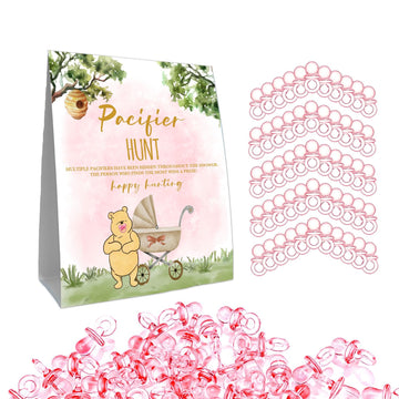 Guawubiang Winnie Pacifier Hunt Sign, Mini Pacifiers Baby Shower Game Set, 50Pcs Classic Pooh Decor Baby Shower Game Set, Pink T