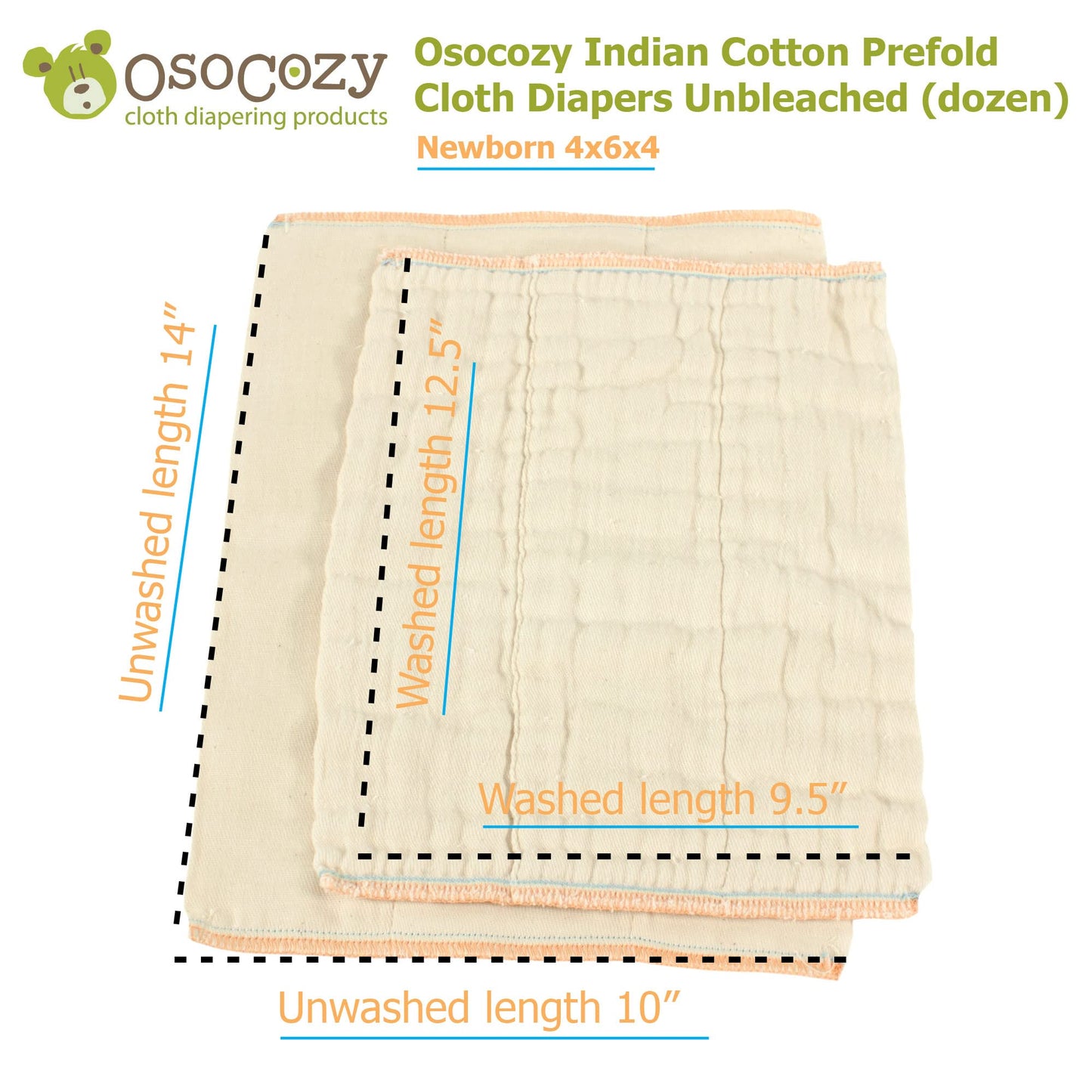 Osocozy Unbleached Prefold Cloth Diapers - Soft And Absorbent Baby Diapers Made Of 100% Unbleached Cotton - 10'X14', Fits 6-10