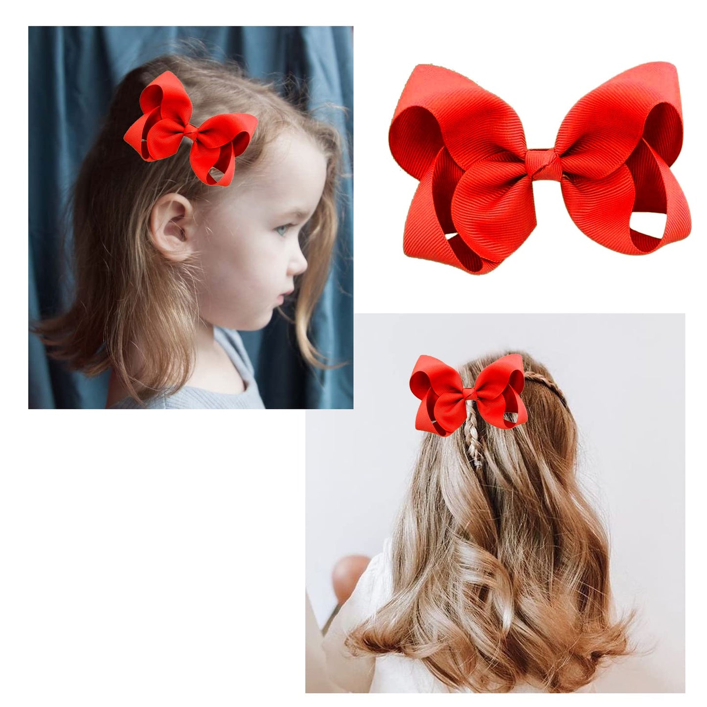6 Pcs 4.5' Solid Color Grosgrain Ribbon Hair Accessories - Alligator Clips Bows For Toddlers And Girls (Red)