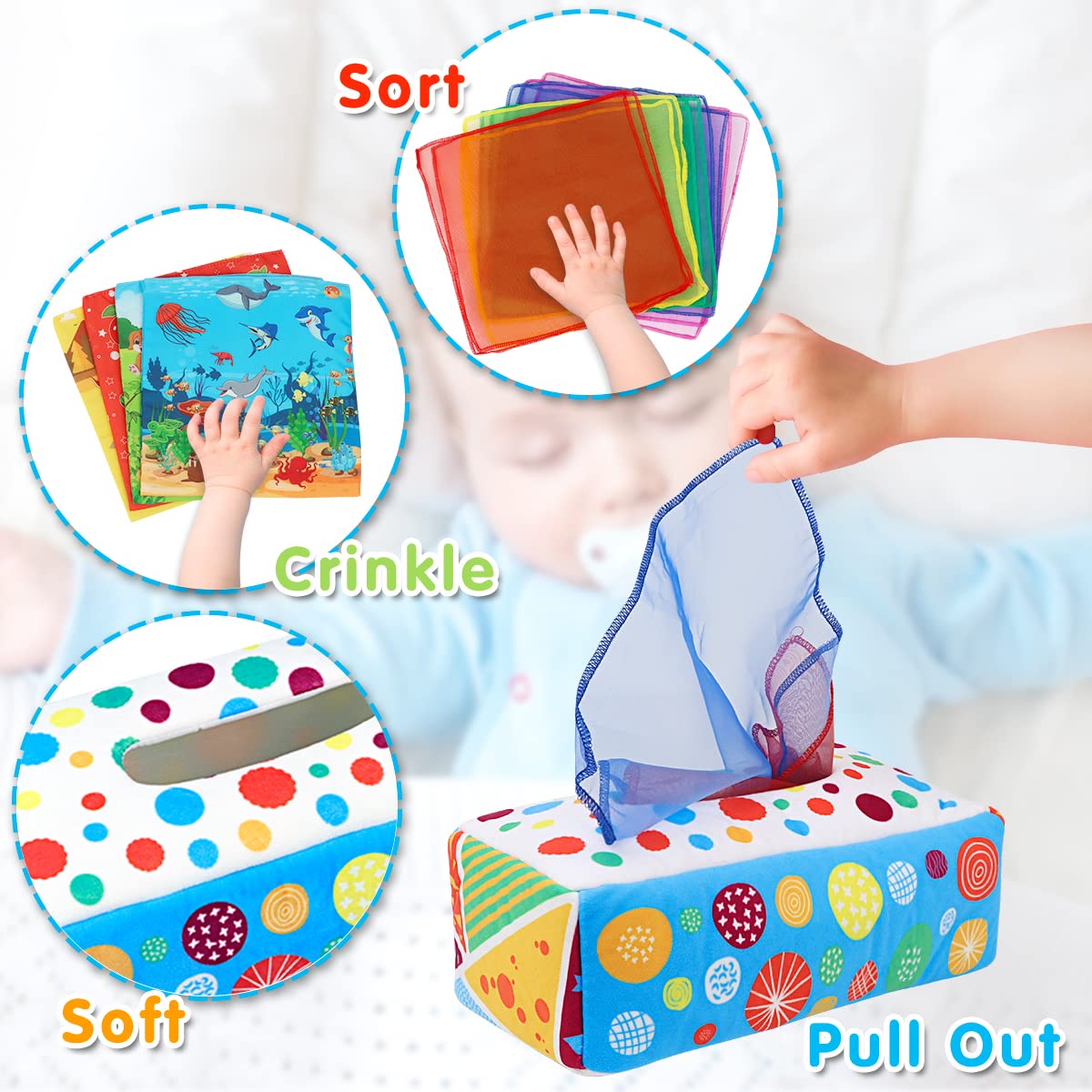 Aiduy Baby Toys 6 to 12 Months - Baby Tissue Box Toys Montessori Toys for Babies 6-12 Months - Soft Crinkle Infant Sensory Toys
