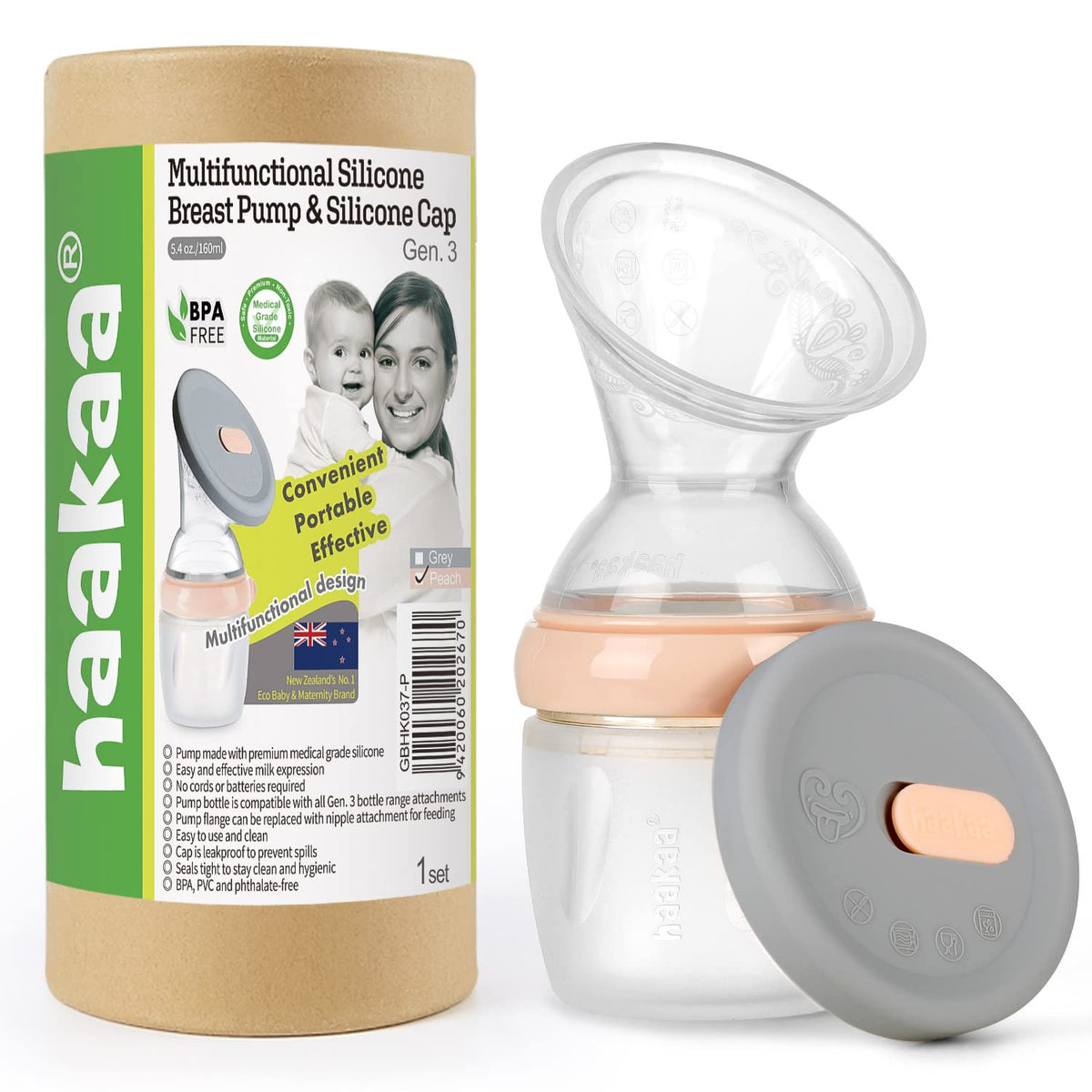 haakaa Gen.3 Manual Breast Pump with Cap Combo 5.4oz/160ml | MultiFunctional Silicone Breast Pump for Breastfeeding | Includes 