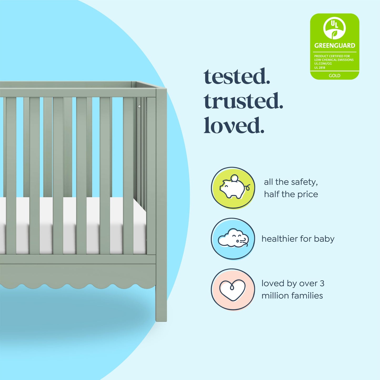 Davinci Sammy Scallop 4-In-1 Convertible Crib In Light Sage, Greenguard Gold Certified