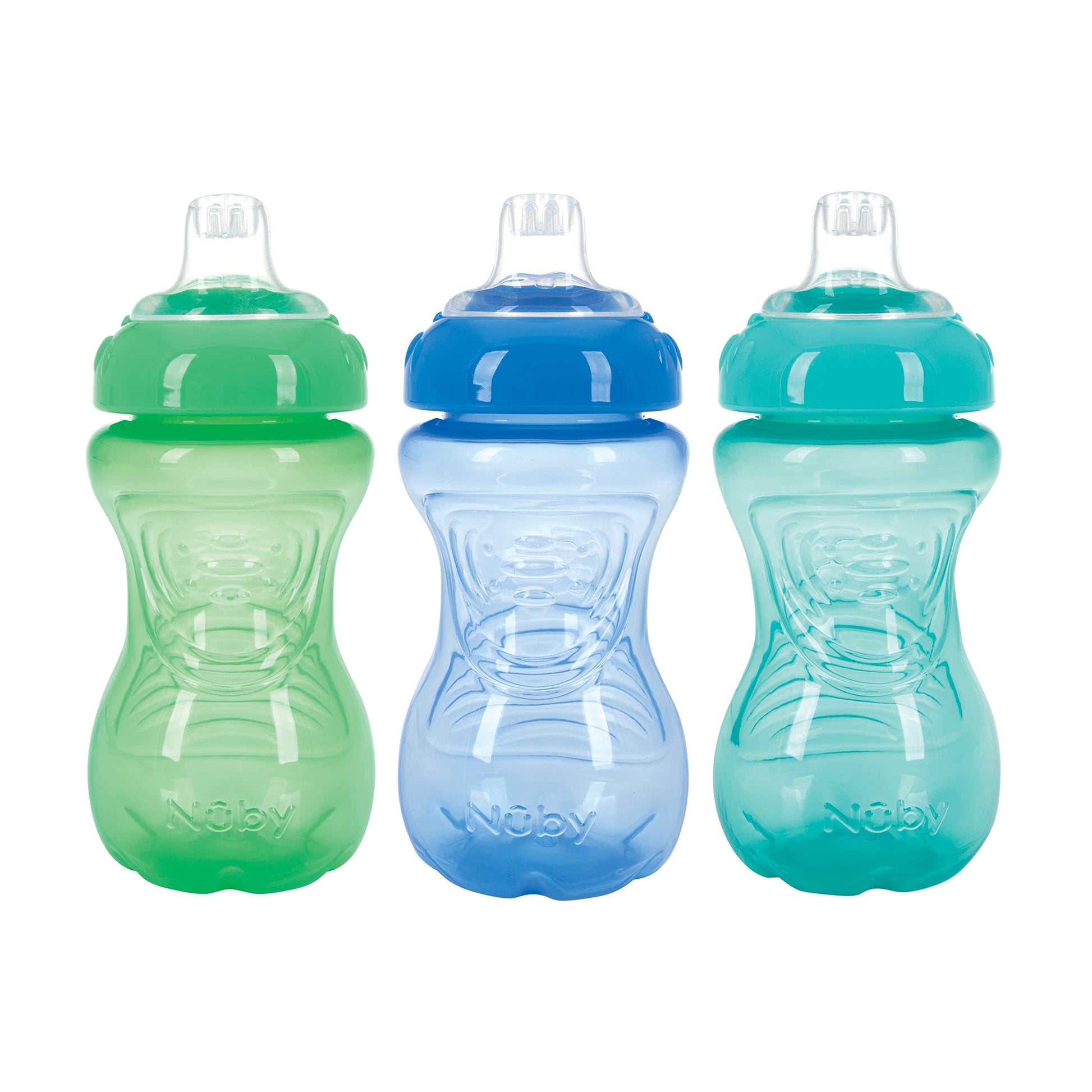 Nuby 3 Pack No Spill Toddler Sippy Cups - Toddler Cups Spill Proof With Easy And Firm Grip - Toddlers Cups - Blue, Aqua, Green
