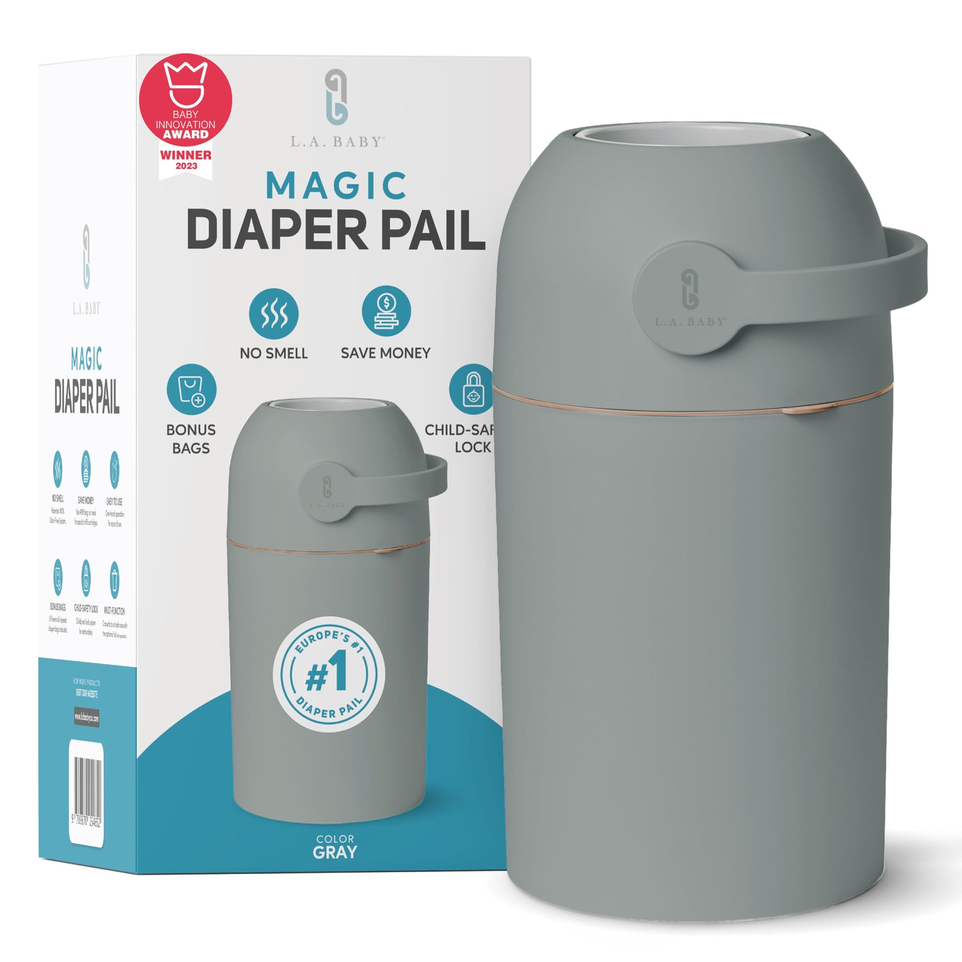 L.A. BABY Magic Diaper Pail - Patented 100% Odor-Free System with Child-Safe Lock - Award-Winning Design - No Refills Required -