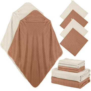 Preboun 6 Pcs Baby Muslin Hooded Bath Towels And Washcloths 32 X 32 Inch Cotton Baby Bath Towel With Hood Absorbent 11 X 11 Inch