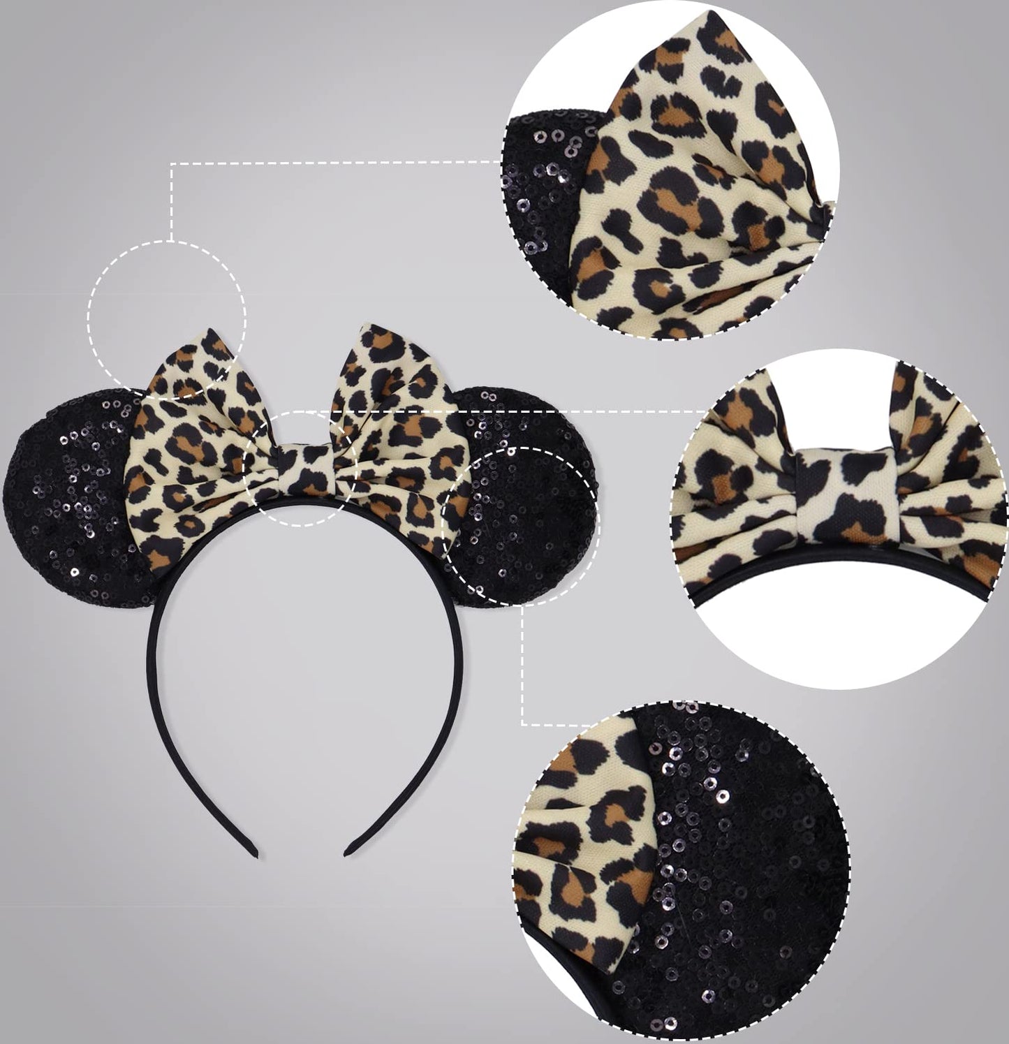 Lihelei Minnie Ears Mouse Ears Headband With Leopard Bows, Party Decoration Headbands For Halloween Costume, Headwear Hair Acces