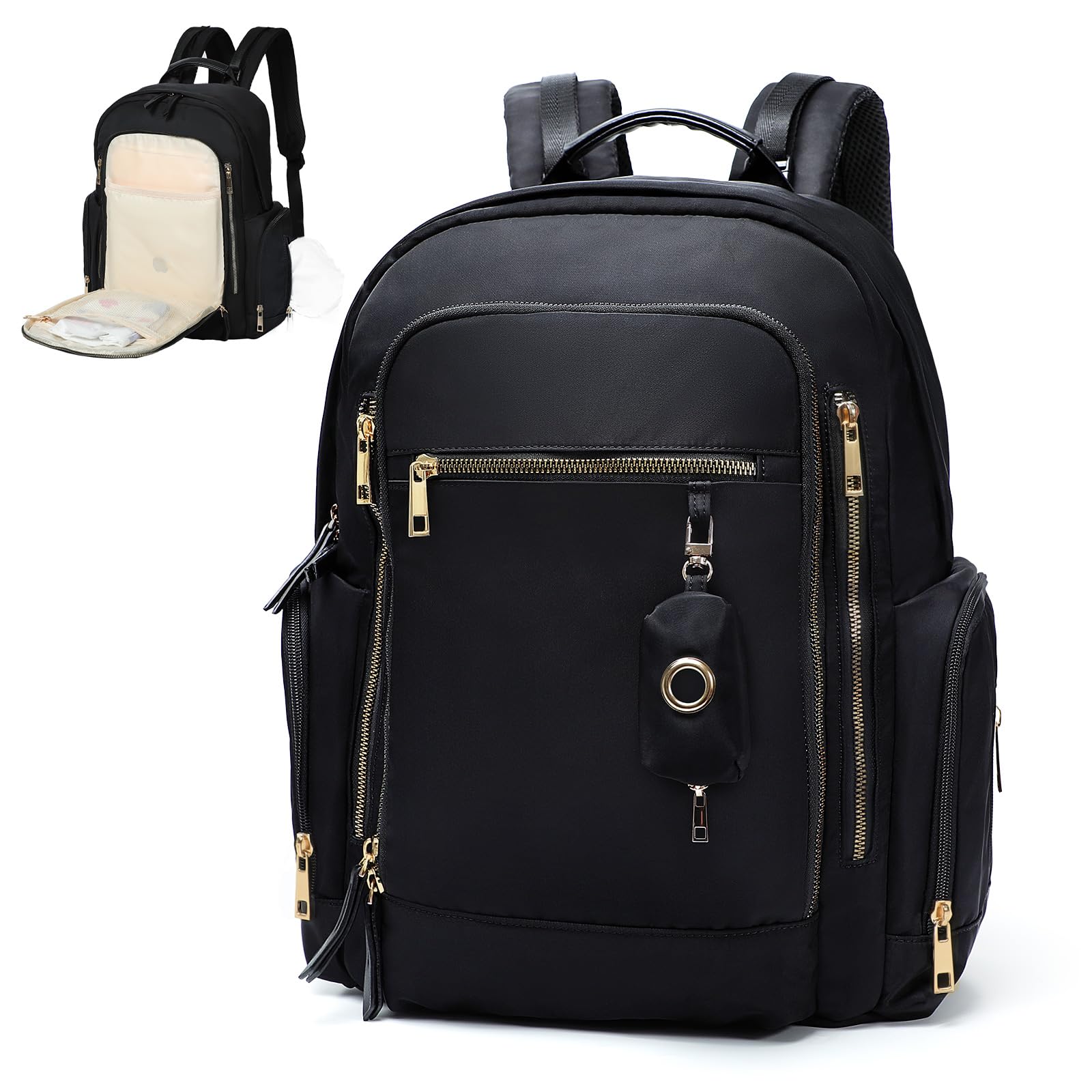 miss fong Diaper Backpack - Mommy & Dad Diaper Bag with Dispenser, 16 Pockets, Large Capacity, Travel & Baby Shower Gifts - Dark