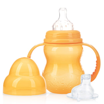 Nuby 3-Stage Wide Neck No Spill Bottle With Handles And Non-Drip Juice Spout, 3 Months, 8 Ounce, Orange