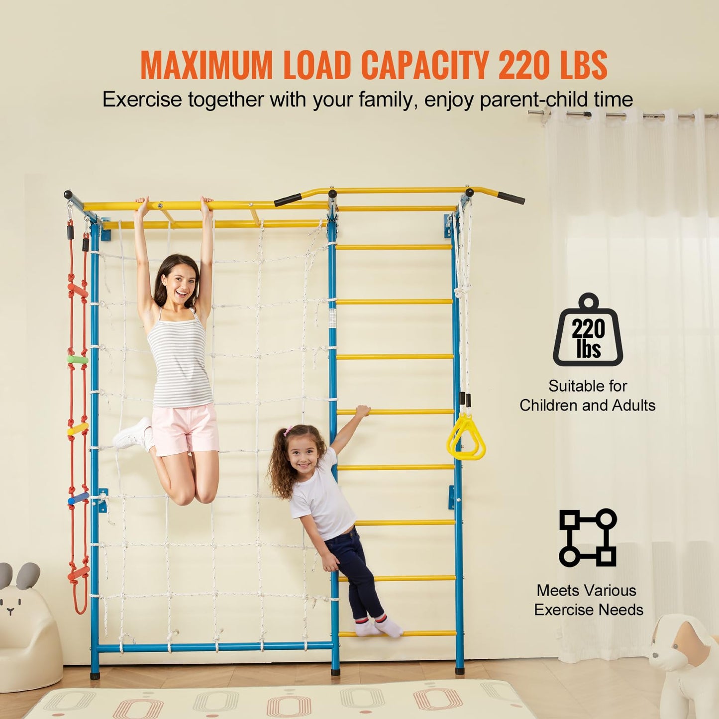 Vevor Indoor Jungle Gym For Toddlers, 7-In-1 Climbing Playset With Carbon Steel Swedish Ladder, Wall Ladder, Pull-Up Bar, Rope L