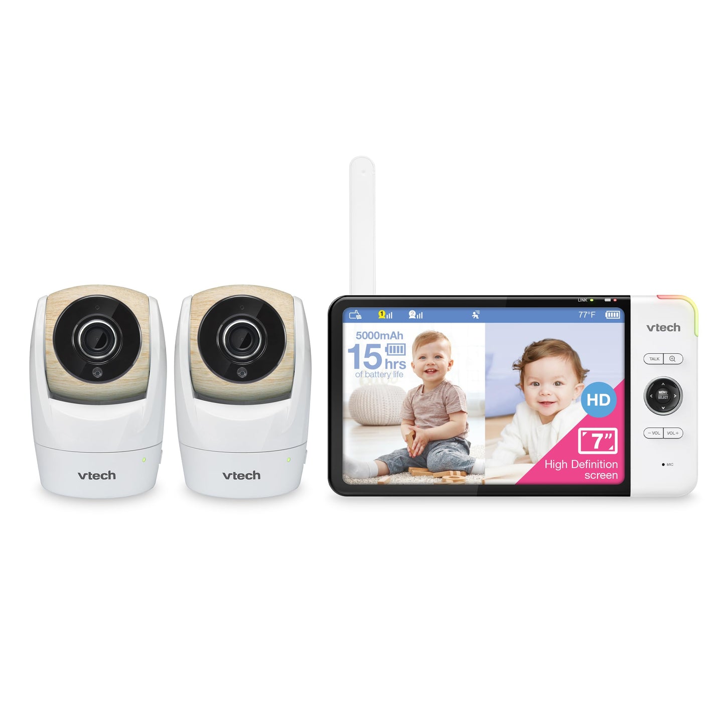 Vtech Vm919-2Hd Baby Monitor, 7' 720P Screen, 2 Cameras, 360 Panoramic Viewing, 110 Wide-Angle View, Night Vision, Up To 1000Ft