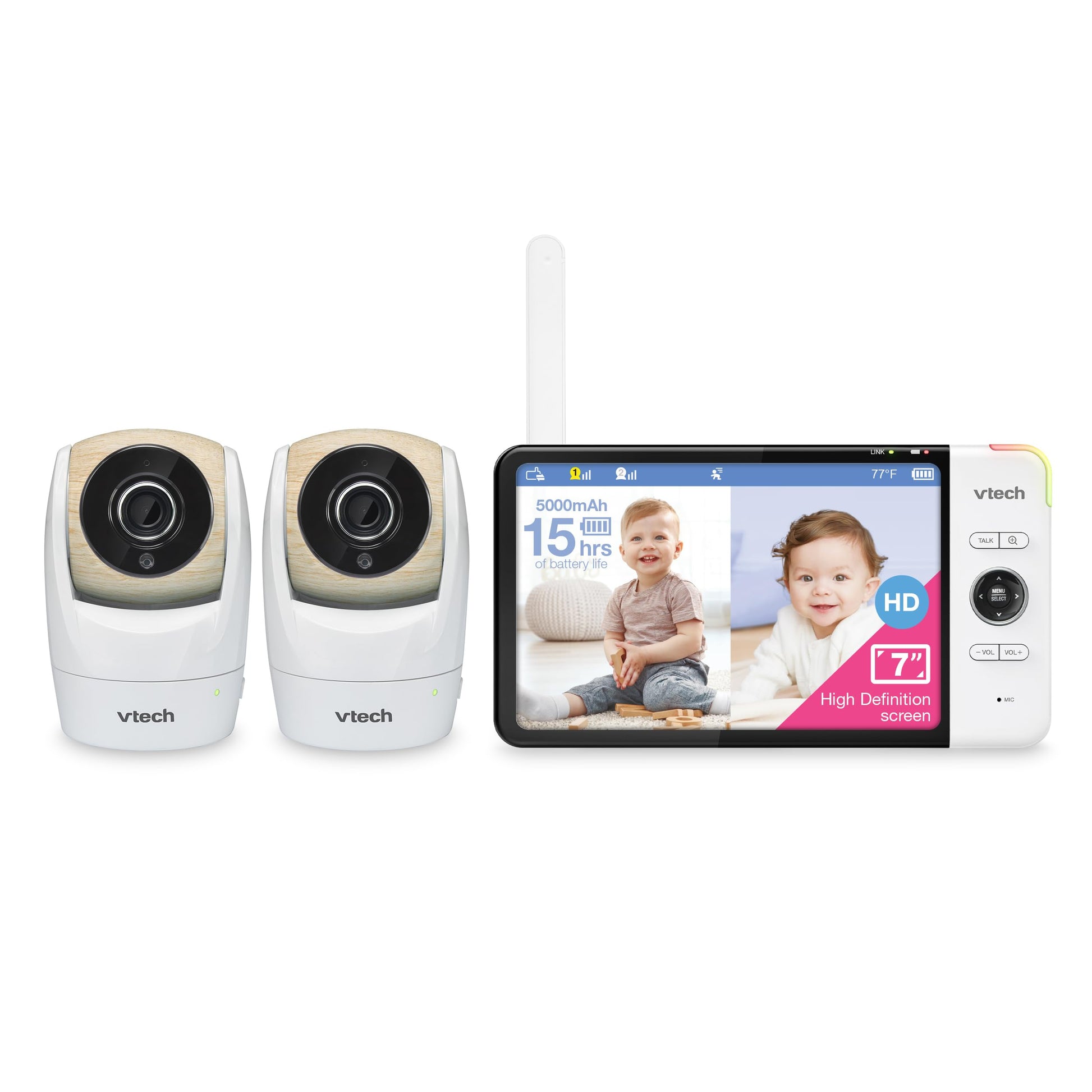 Vtech Vm919-2Hd Baby Monitor, 7' 720P Screen, 2 Cameras, 360 Panoramic Viewing, 110 Wide-Angle View, Night Vision, Up To 1000Ft