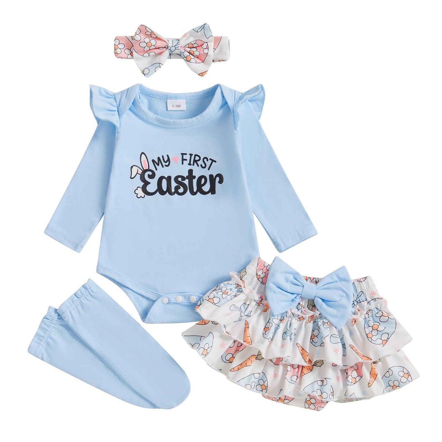 Beqeuewll Newborn Baby Girl Easter Outfit Bunny Clothes Long Sleeve Romper+Bloomers Tutu Skirt+Socks+Headband 4Pcs (First Easter