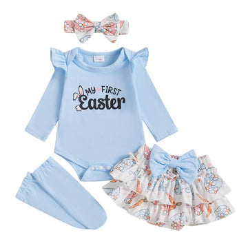 Beqeuewll Newborn Baby Girl Easter Outfit Bunny Clothes Long Sleeve Romper+Bloomers Tutu Skirt+Socks+Headband 4Pcs (First Easter