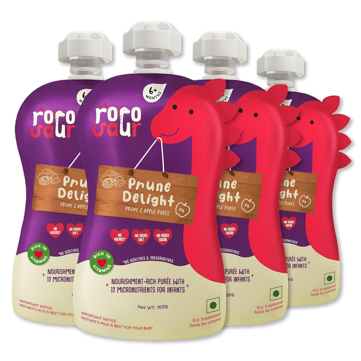 Rorosaur Baby Food Pouch | Prune Fruit Puree Helps With Constipation & Indigestion For Baby And Toddlers,6+ Months, No More Tumm