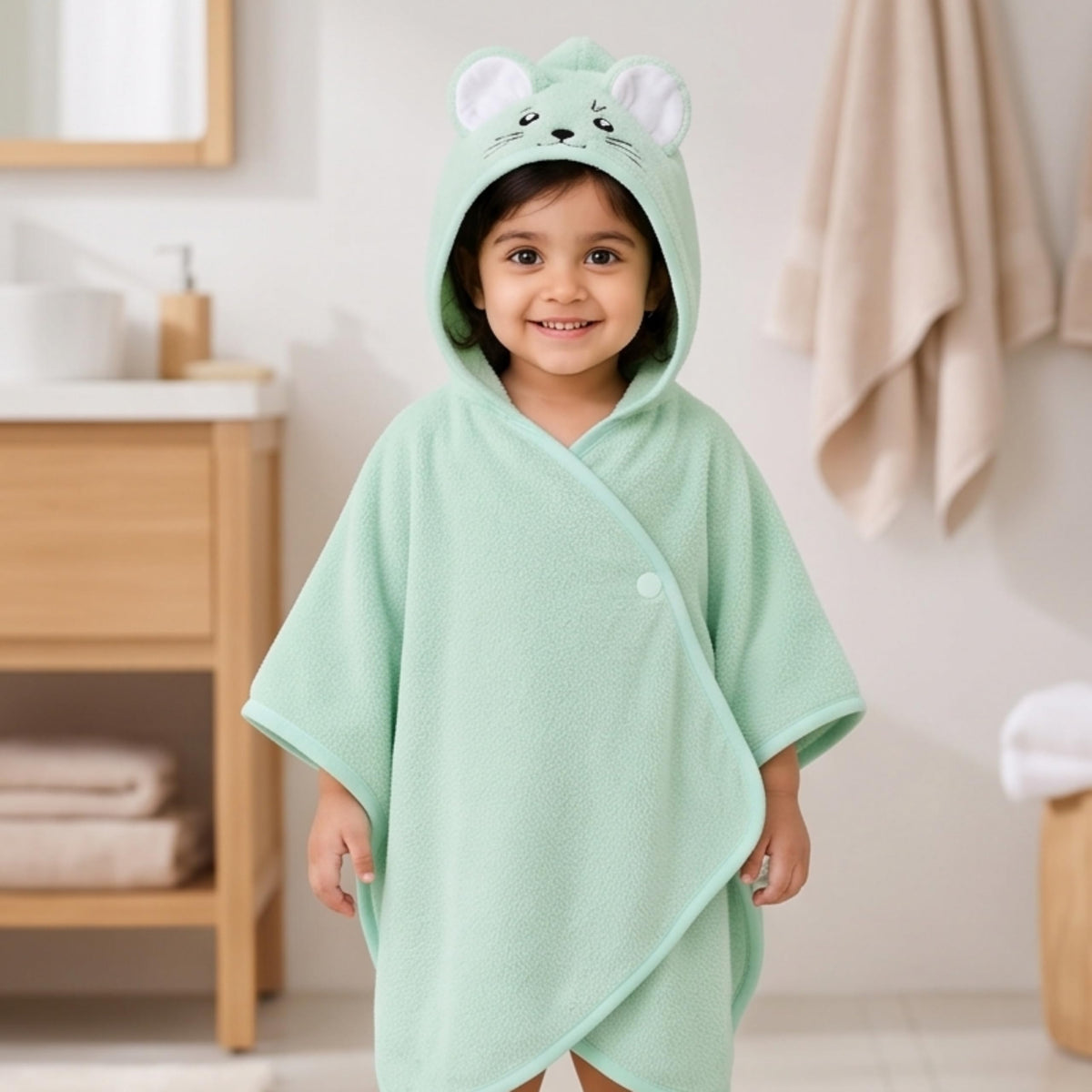 Parish Handlooms Kids Hooded Bath Poncho Towel, Mouse Design, Mint Green