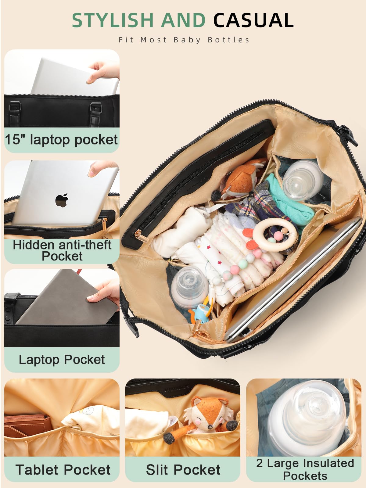 Mominside Neoprene Diaper Bag Tote, Diaper Bag Backpack With Changing Station,14 Pockets Large Capacity Travel Baby Bag For Mom,