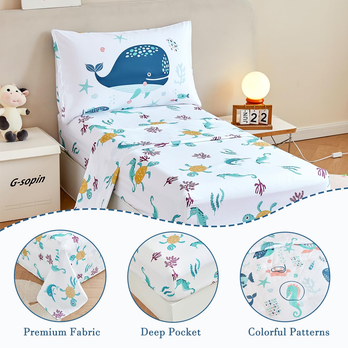 Perfemet 4 Pcs Toddler Bedding Set Ocean Themed Toddler Comforter For Girl Soft Reversible Under Sea Animals White Toddler Bed I