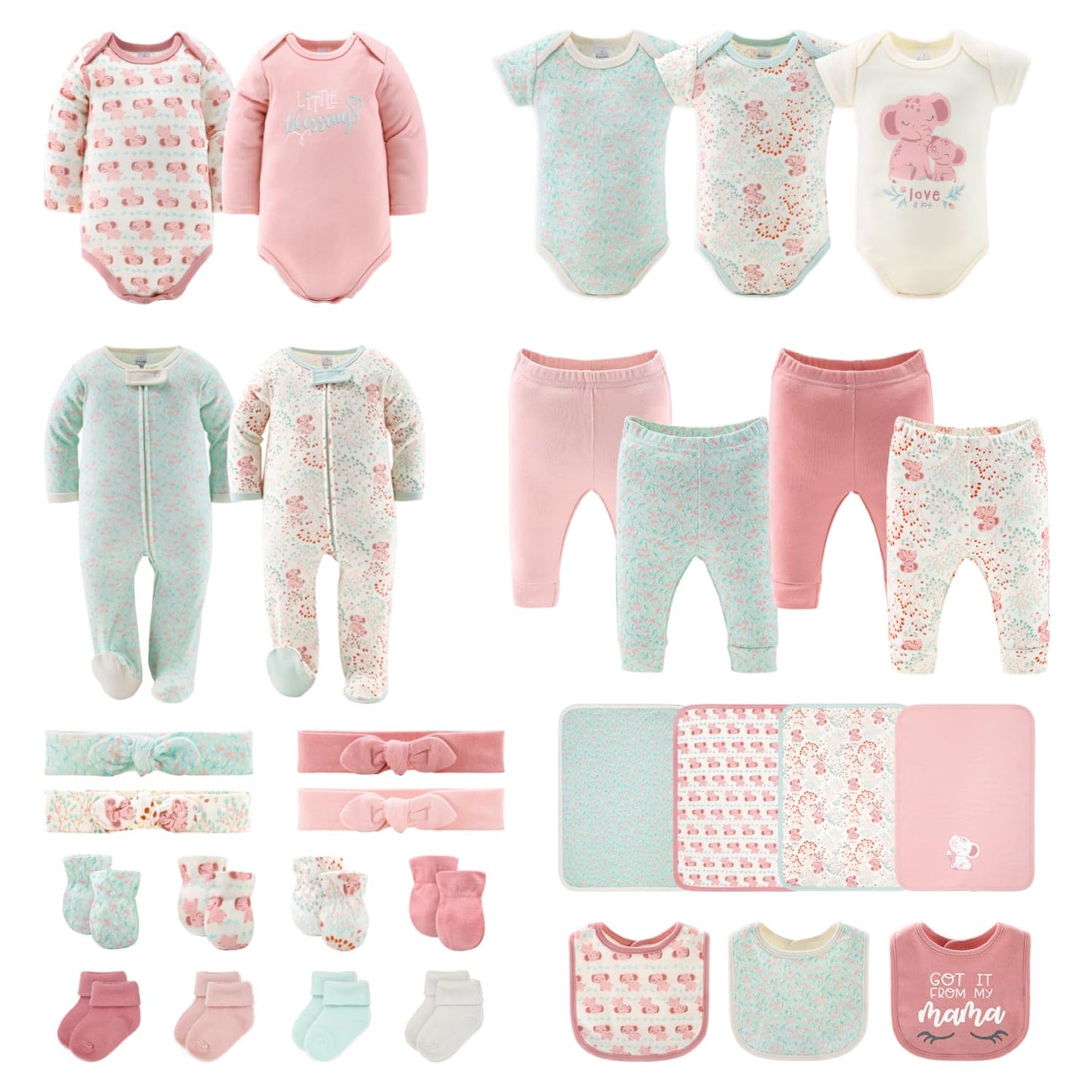 The Peanutshell Newborn Clothes & Accessories Set, 30 Piece Layette Gift Set, Fits Newborn To 3 Months, Pink Elephant & Floral