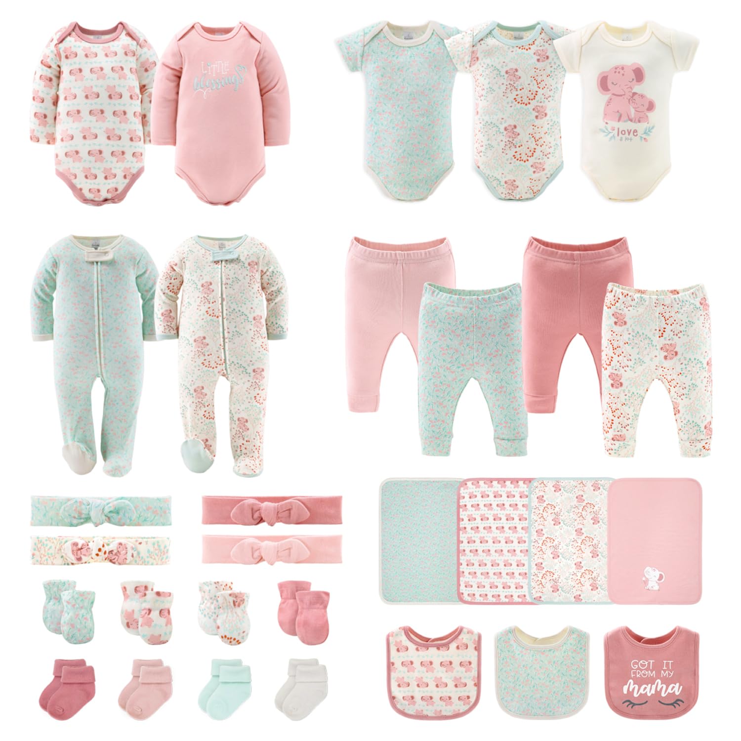 The Peanutshell Newborn Clothes & Accessories Set, 30 Piece Layette Gift Set, Fits Newborn To 3 Months, Pink Elephant & Floral