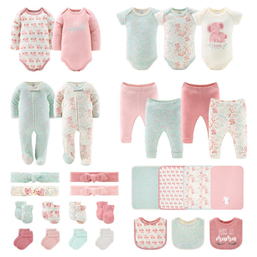 The Peanutshell Newborn Clothes & Accessories Set, 30 Piece Layette Gift Set, Fits Newborn To 3 Months, Pink Elephant & Floral
